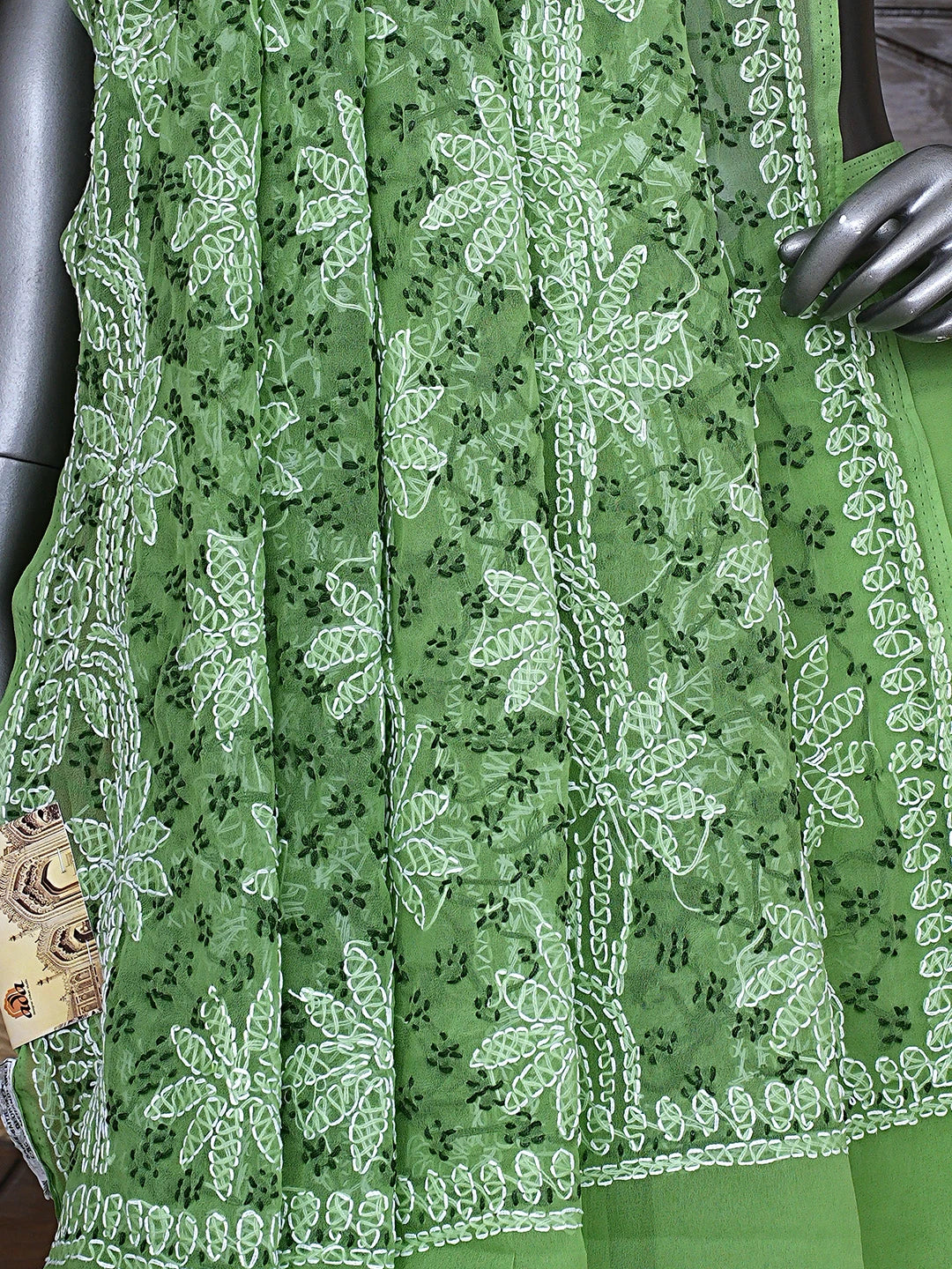 Ada Hand Embroidered Mehendi Green Georgette Lucknowi Chikankari Saree With Blouse 01A892016