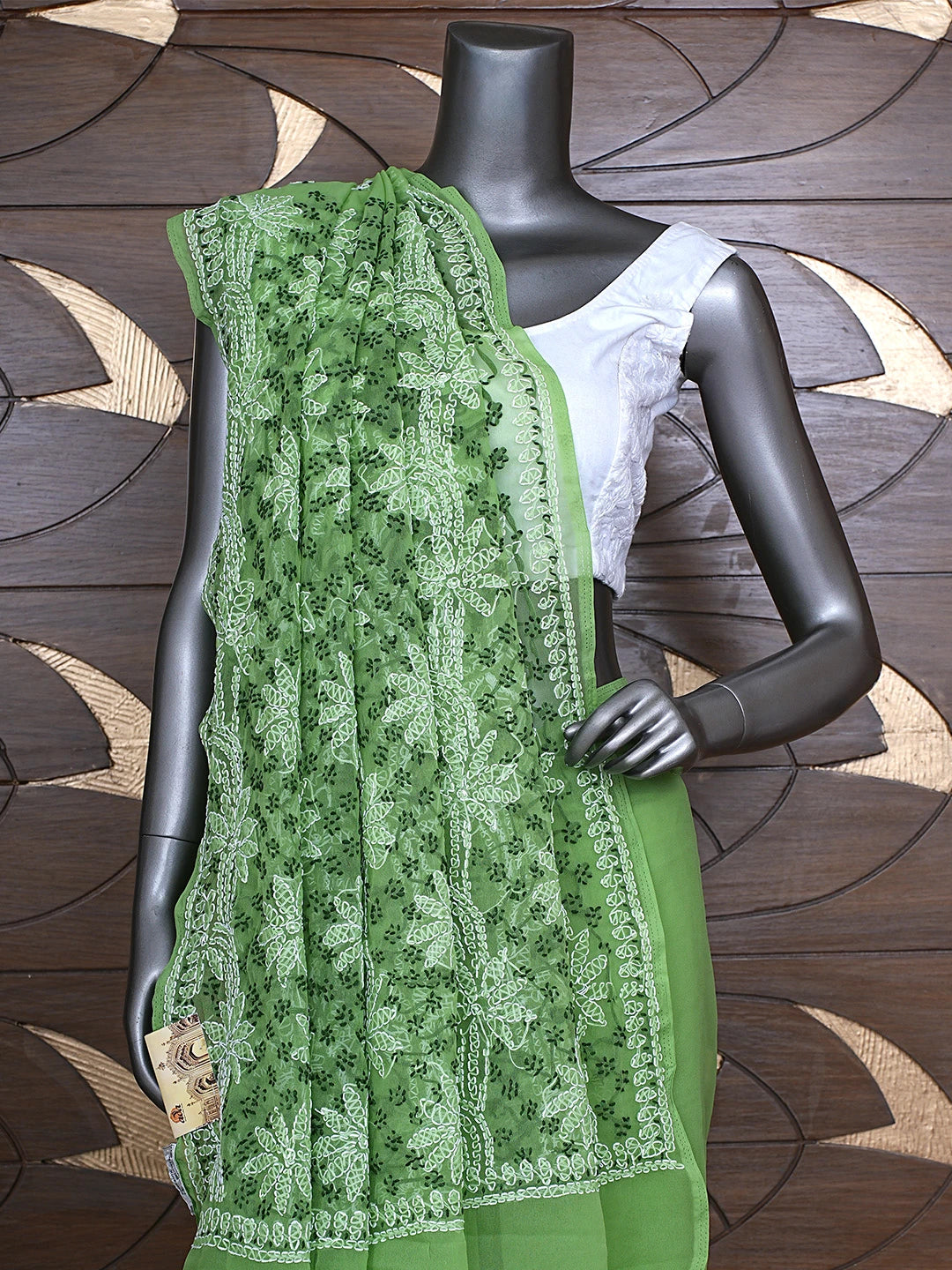 Ada Hand Embroidered Mehendi Green Georgette Lucknowi Chikankari Saree With Blouse 01A892016