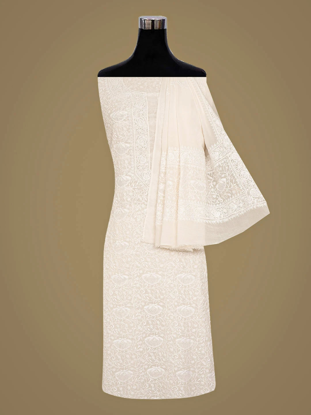 Ada Hand Embroidered White Pure Georgette Lucknowi Chikankari Unstitched Kurta Dupatta Set 01A681370