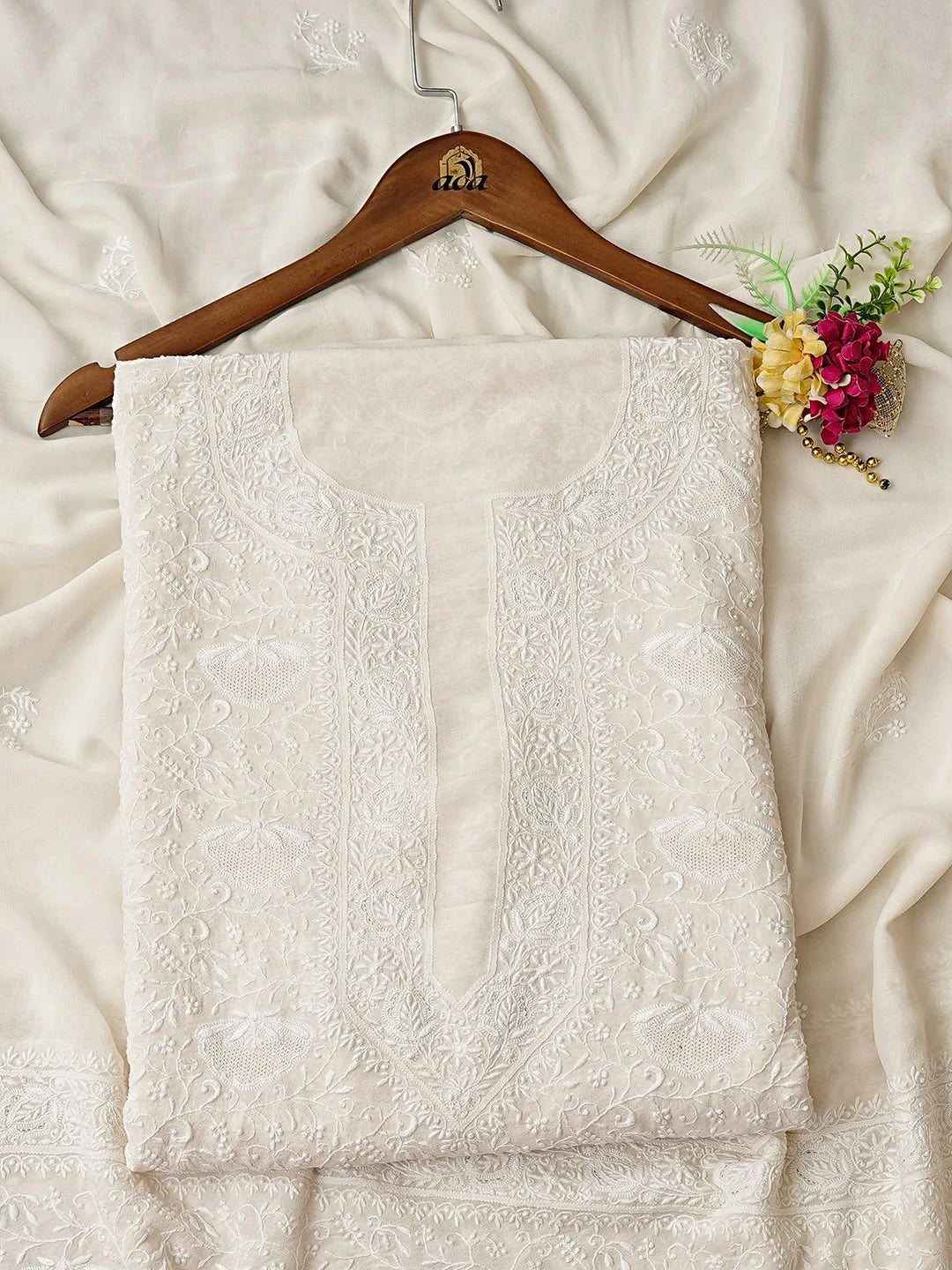 Ada Hand Embroidered White Pure Georgette Lucknowi Chikankari Unstitched Kurta Dupatta Set 01A681370