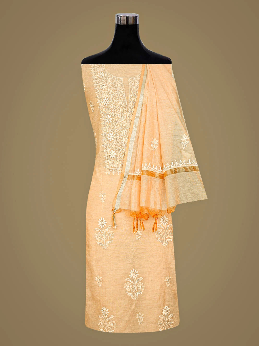 Ada Hand Embroidered Orange Chanderi Lucknowi Chikankari Kurta Dupatta Set 01A790452