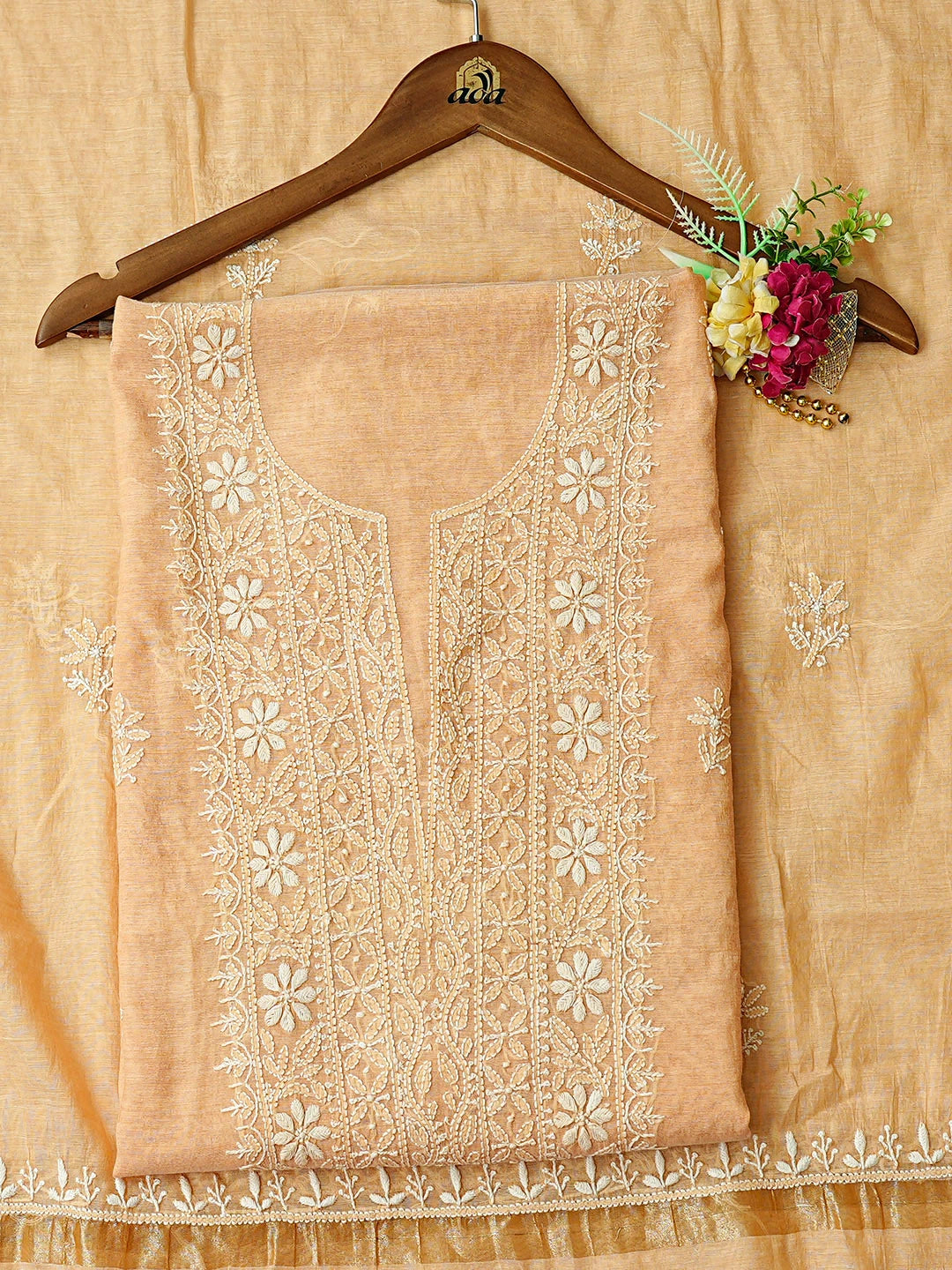Ada Hand Embroidered Orange Chanderi Lucknowi Chikankari Kurta Dupatta Set 01A790452