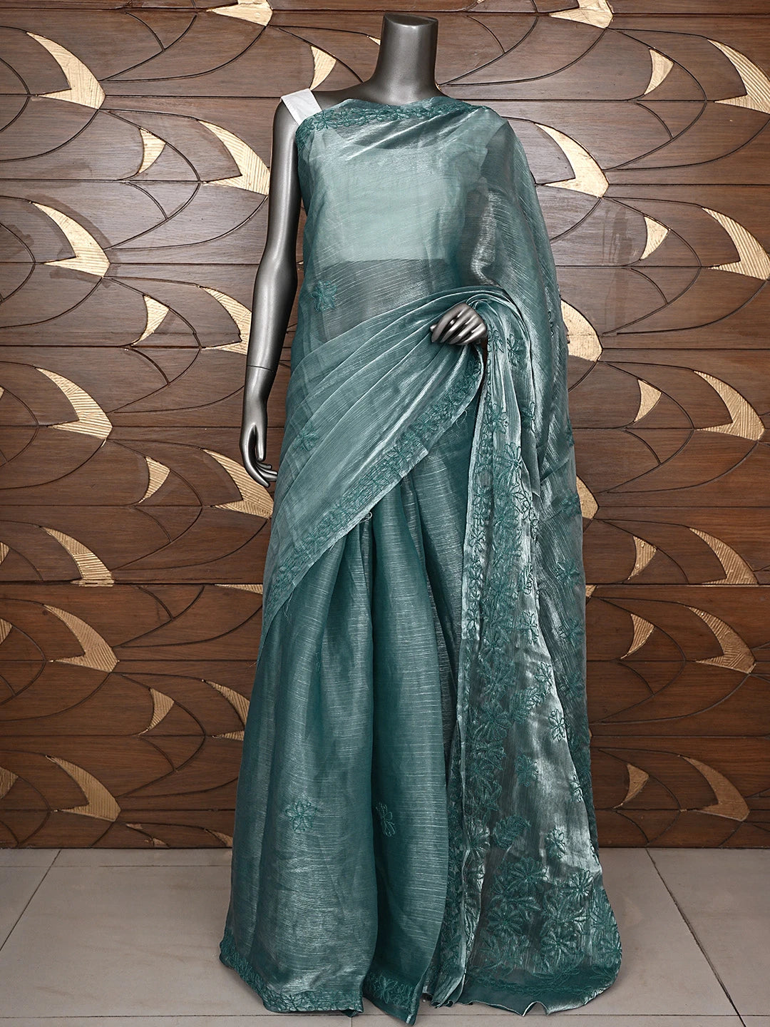 Ada Hand Embroidered Burberry Teal Blue Organza Lucknowi Chikankari Saree and Blouse 01A901858
