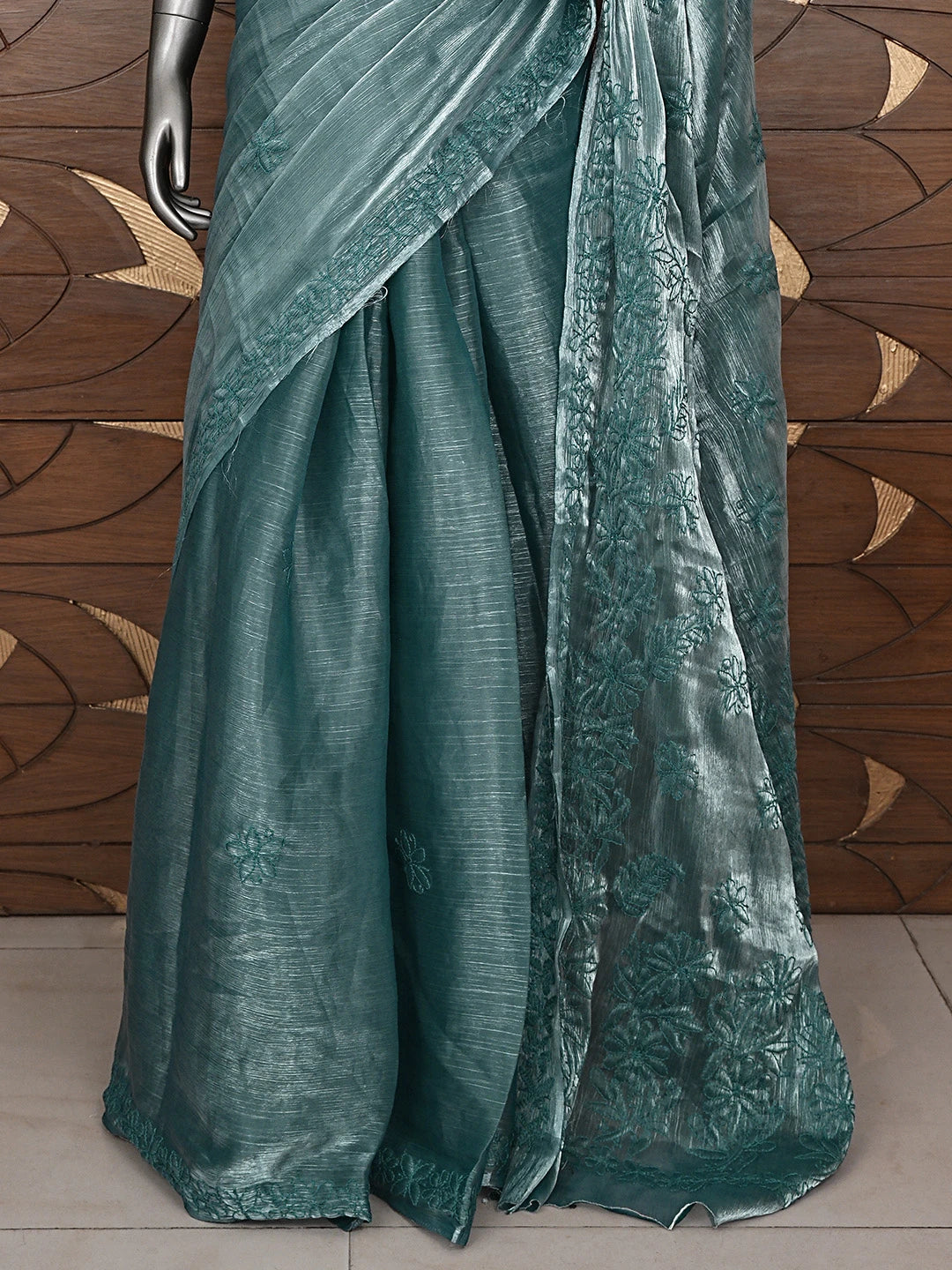 Ada Hand Embroidered Burberry Teal Blue Organza Lucknowi Chikankari Saree and Blouse 01A901858