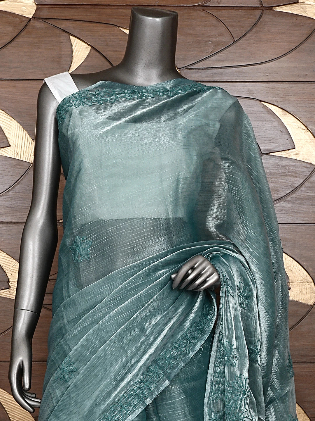 Ada Hand Embroidered Burberry Teal Blue Organza Lucknowi Chikankari Saree and Blouse 01A901858