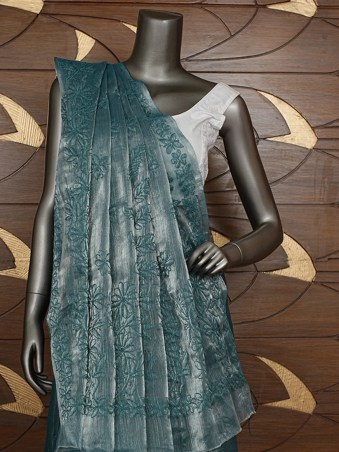 Ada Hand Embroidered Burberry Teal Blue Organza Lucknowi Chikankari Saree and Blouse 01A901858