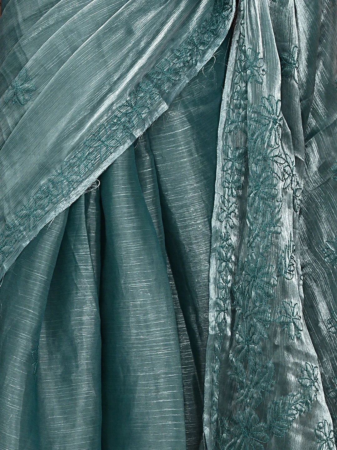 Ada Hand Embroidered Burberry Teal Blue Organza Lucknowi Chikankari Saree and Blouse 01A901858