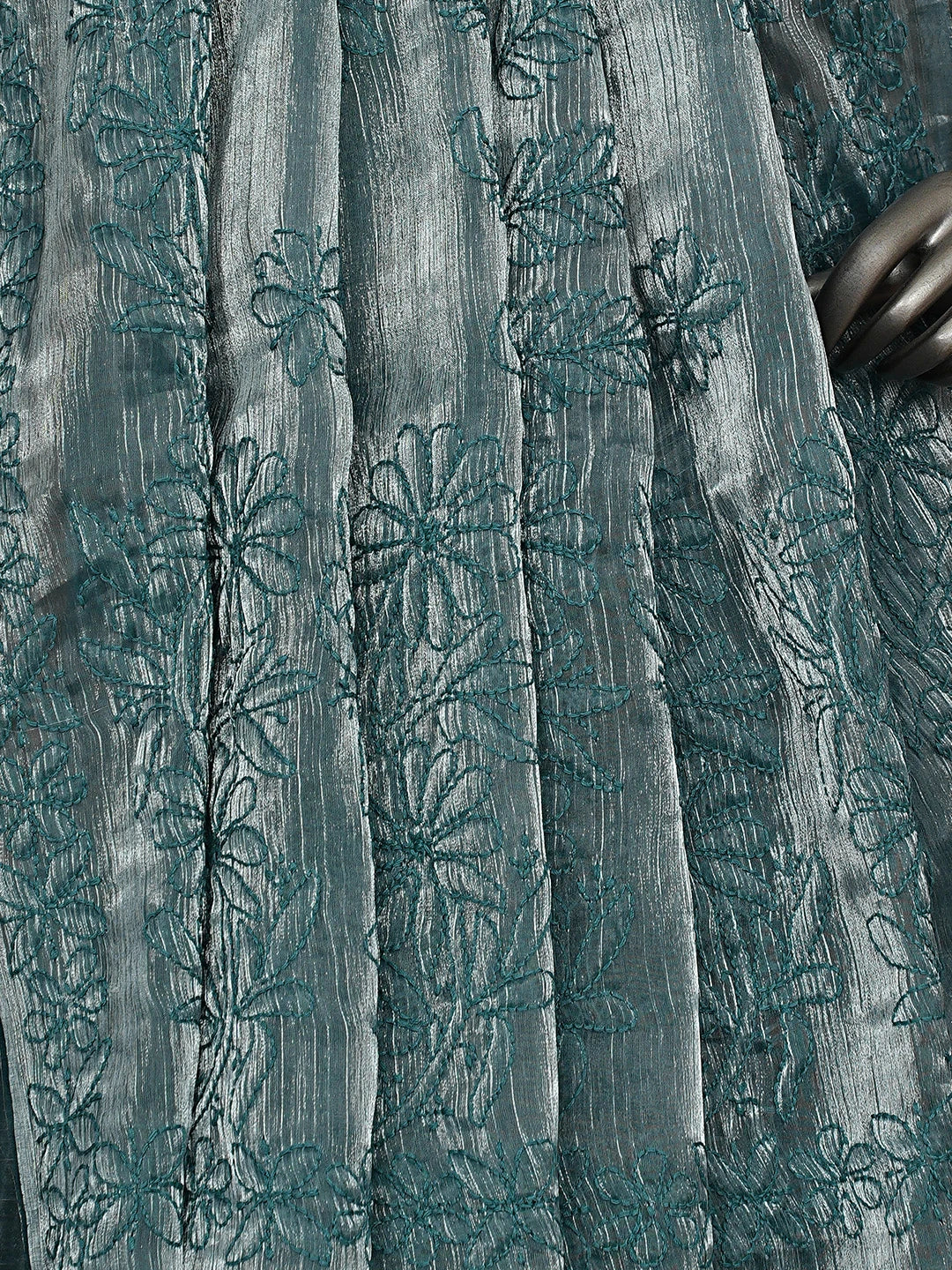 Ada Hand Embroidered Burberry Teal Blue Organza Lucknowi Chikankari Saree and Blouse 01A901858