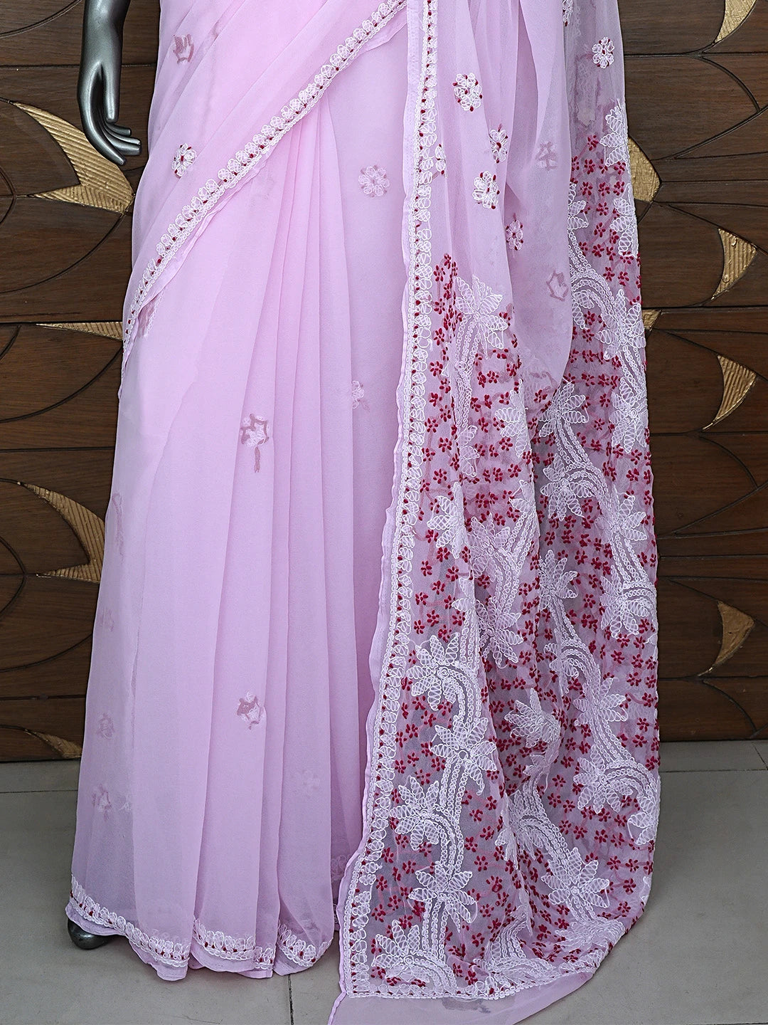 Ada Hand Embroidered Pink Georgette Lucknowi Chikankari Saree With Blouse 01A891965