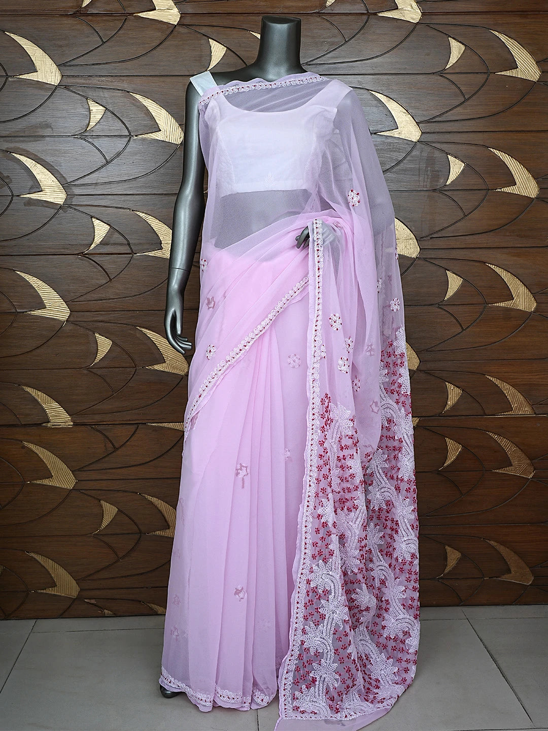 Ada Hand Embroidered Pink Georgette Lucknowi Chikankari Saree With Blouse 01A891965