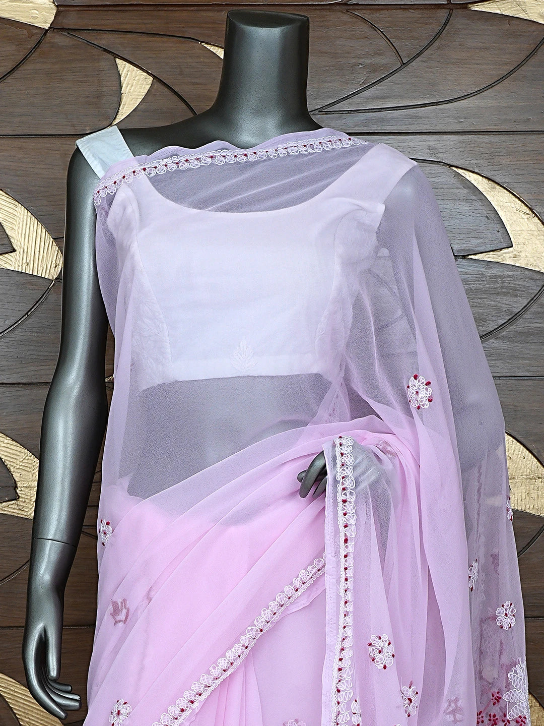 Ada Hand Embroidered Pink Georgette Lucknowi Chikankari Saree With Blouse 01A891965