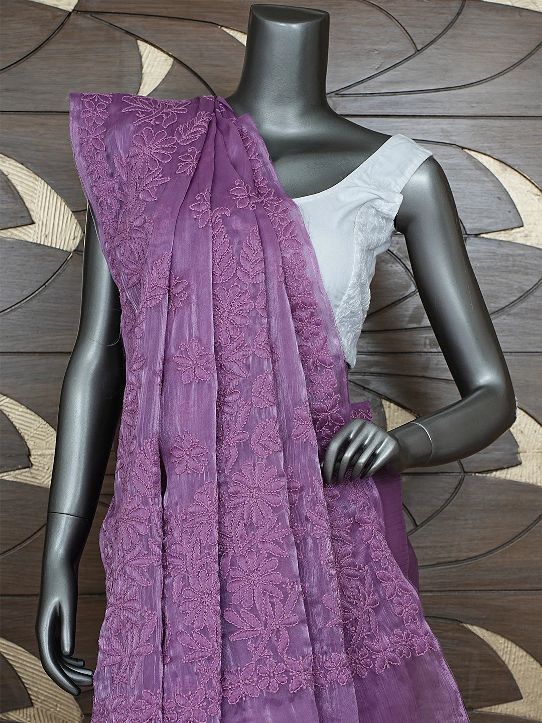 Ada Hand Embroidered Byzantium Purple Organza Lucknowi Chikankari Saree and Blouse 01A901838
