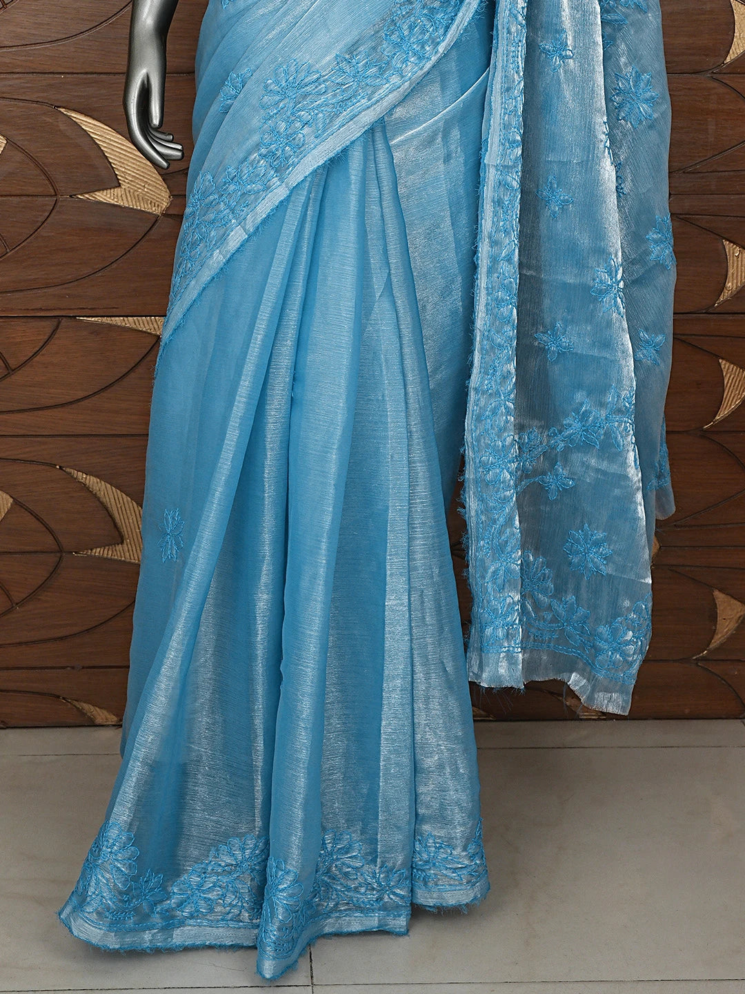 Ada Hand Embroidered Steel Blue Organza Lucknowi Chikankari Saree and Blouse 01A901831