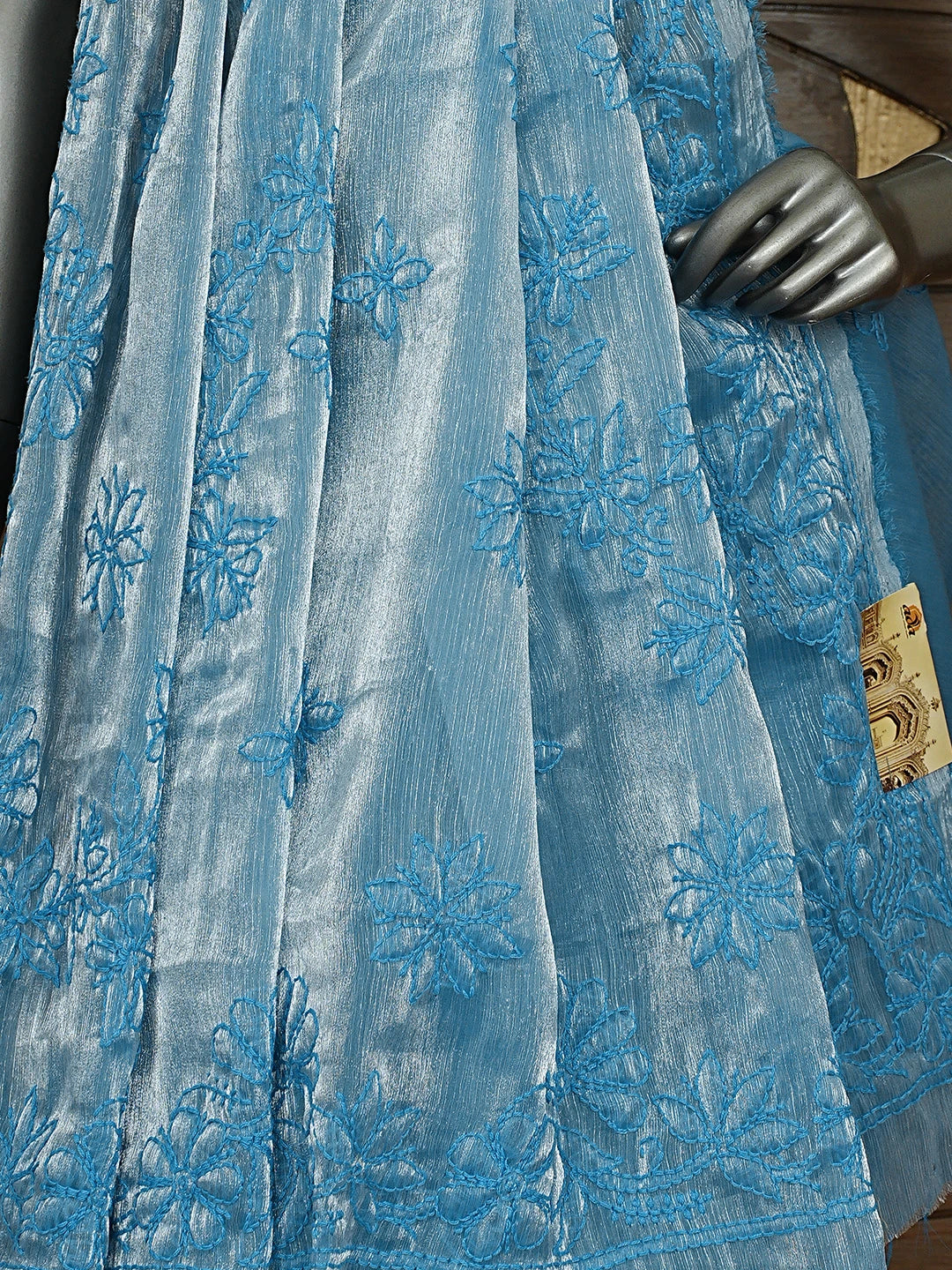 Ada Hand Embroidered Steel Blue Organza Lucknowi Chikankari Saree and Blouse 01A901831