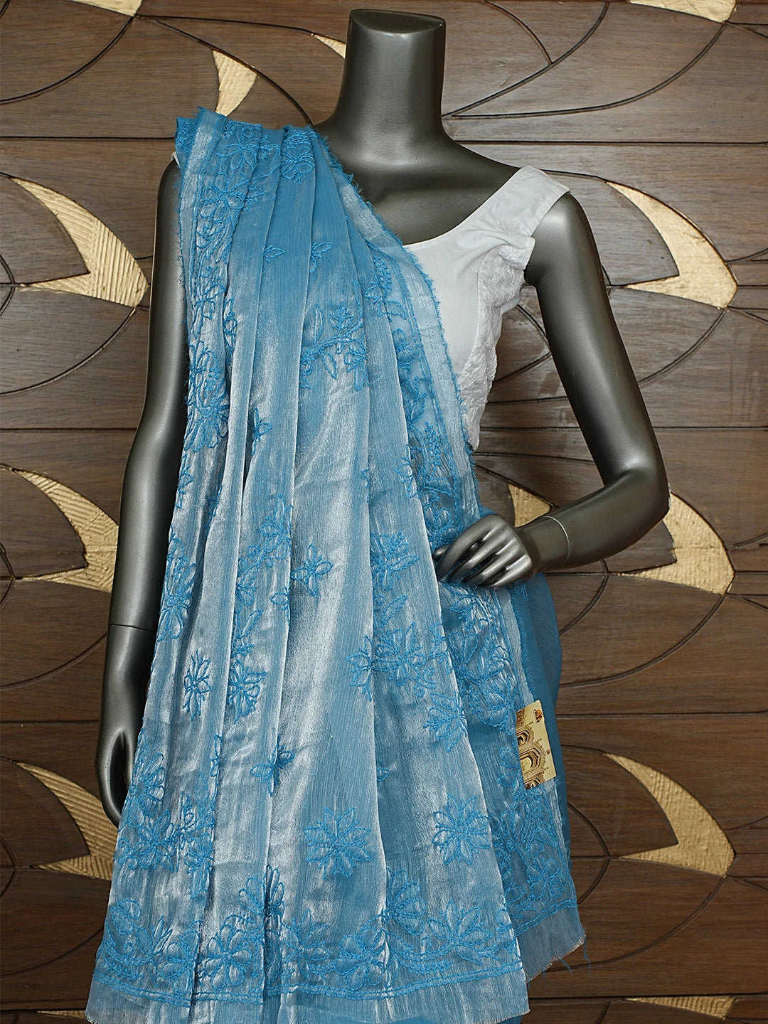 Ada Hand Embroidered Steel Blue Organza Lucknowi Chikankari Saree and Blouse 01A901831