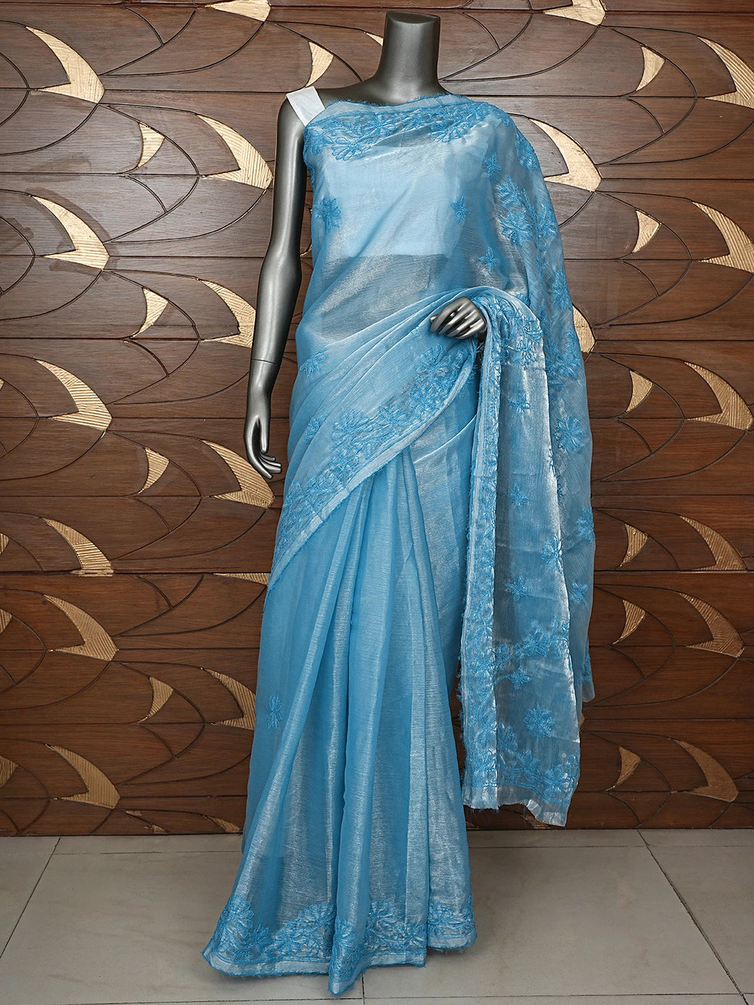 Ada Hand Embroidered Steel Blue Organza Lucknowi Chikankari Saree and Blouse 01A901831