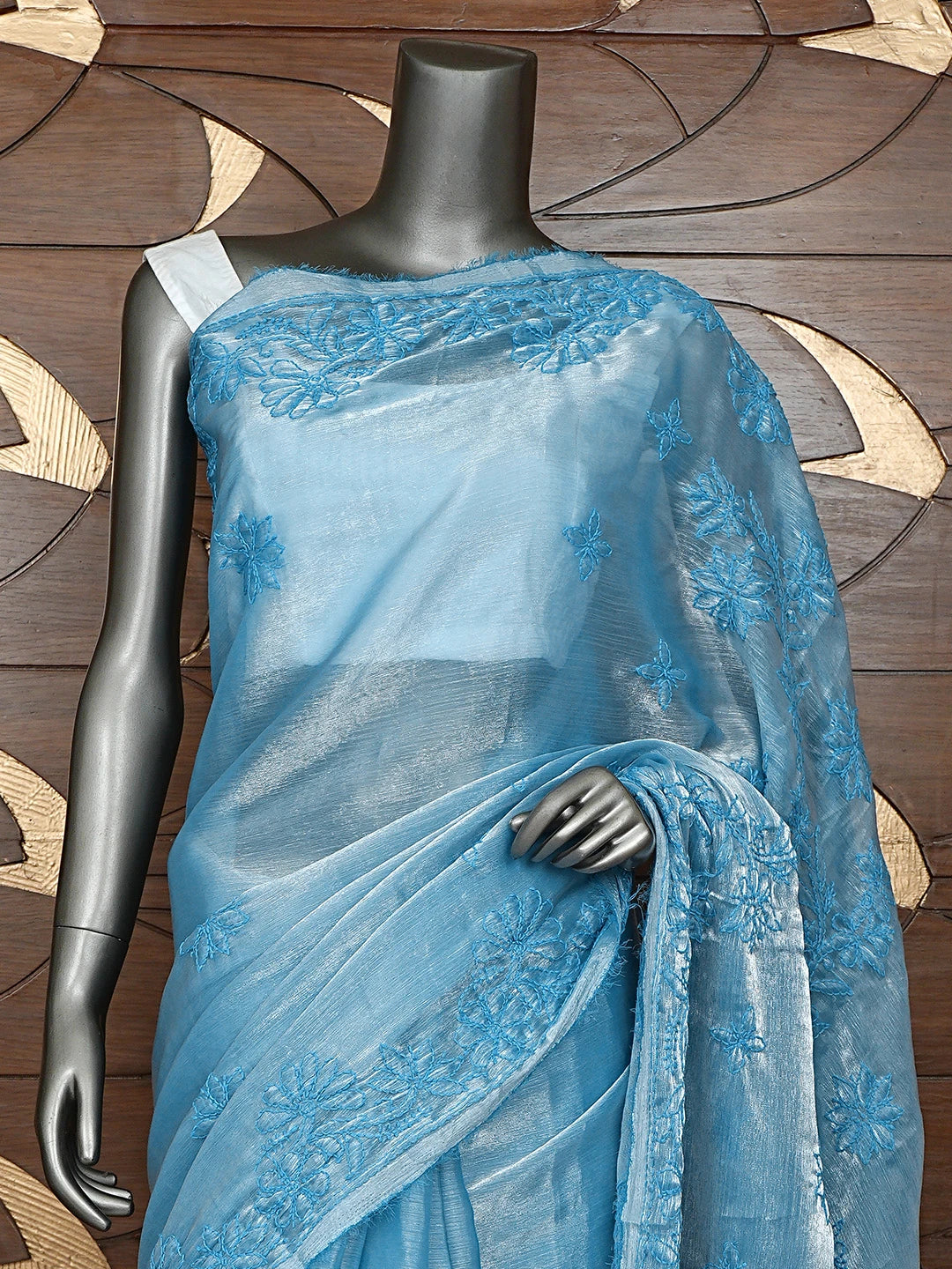 Ada Hand Embroidered Steel Blue Organza Lucknowi Chikankari Saree and Blouse 01A901831