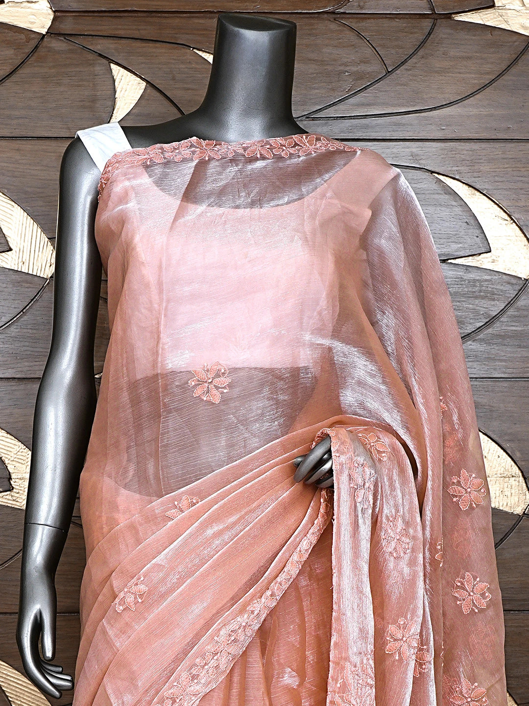 Ada Hand Embroidered Dusty Peach Organza Lucknowi Chikankari Saree and Blouse 01A901849