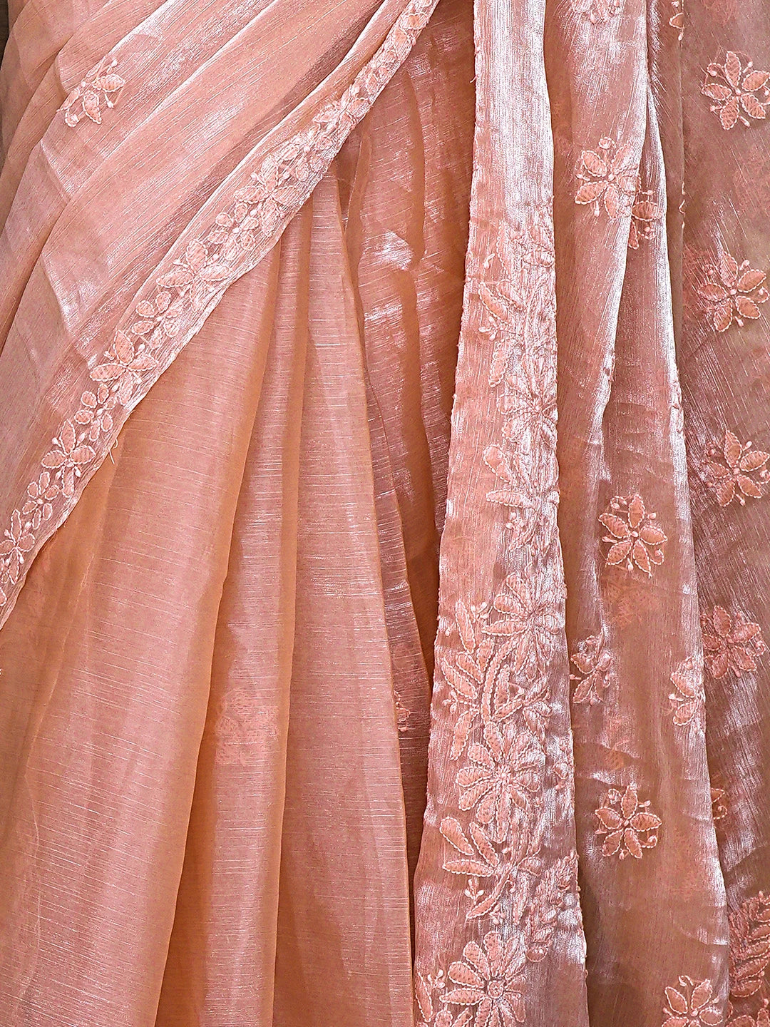 Ada Hand Embroidered Dusty Peach Organza Lucknowi Chikankari Saree and Blouse 01A901849