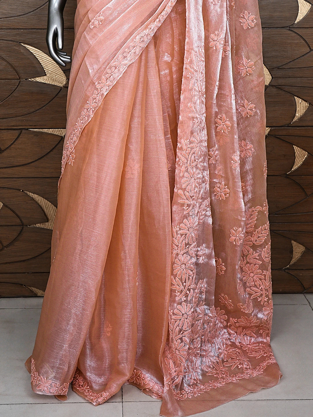 Ada Hand Embroidered Dusty Peach Organza Lucknowi Chikankari Saree and Blouse 01A901849