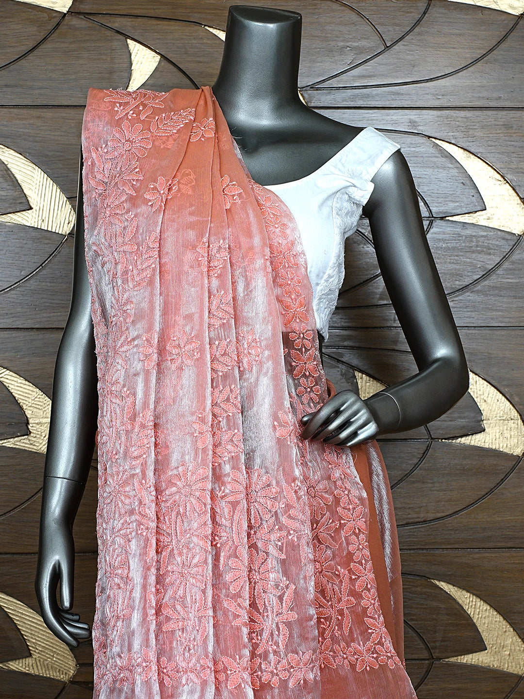 Ada Hand Embroidered Dusty Peach Organza Lucknowi Chikankari Saree and Blouse 01A901849