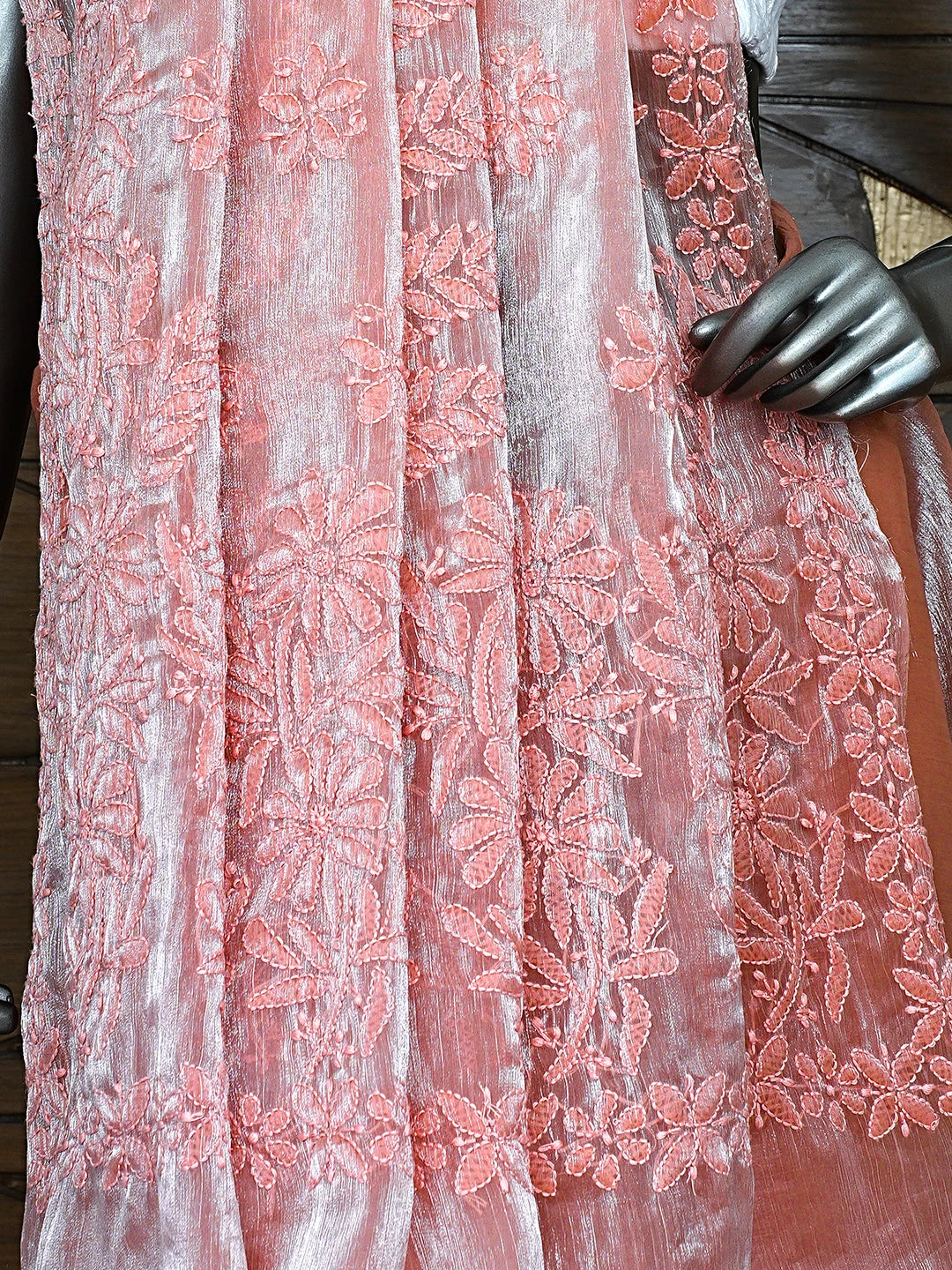 Ada Hand Embroidered Dusty Peach Organza Lucknowi Chikankari Saree and Blouse 01A901849
