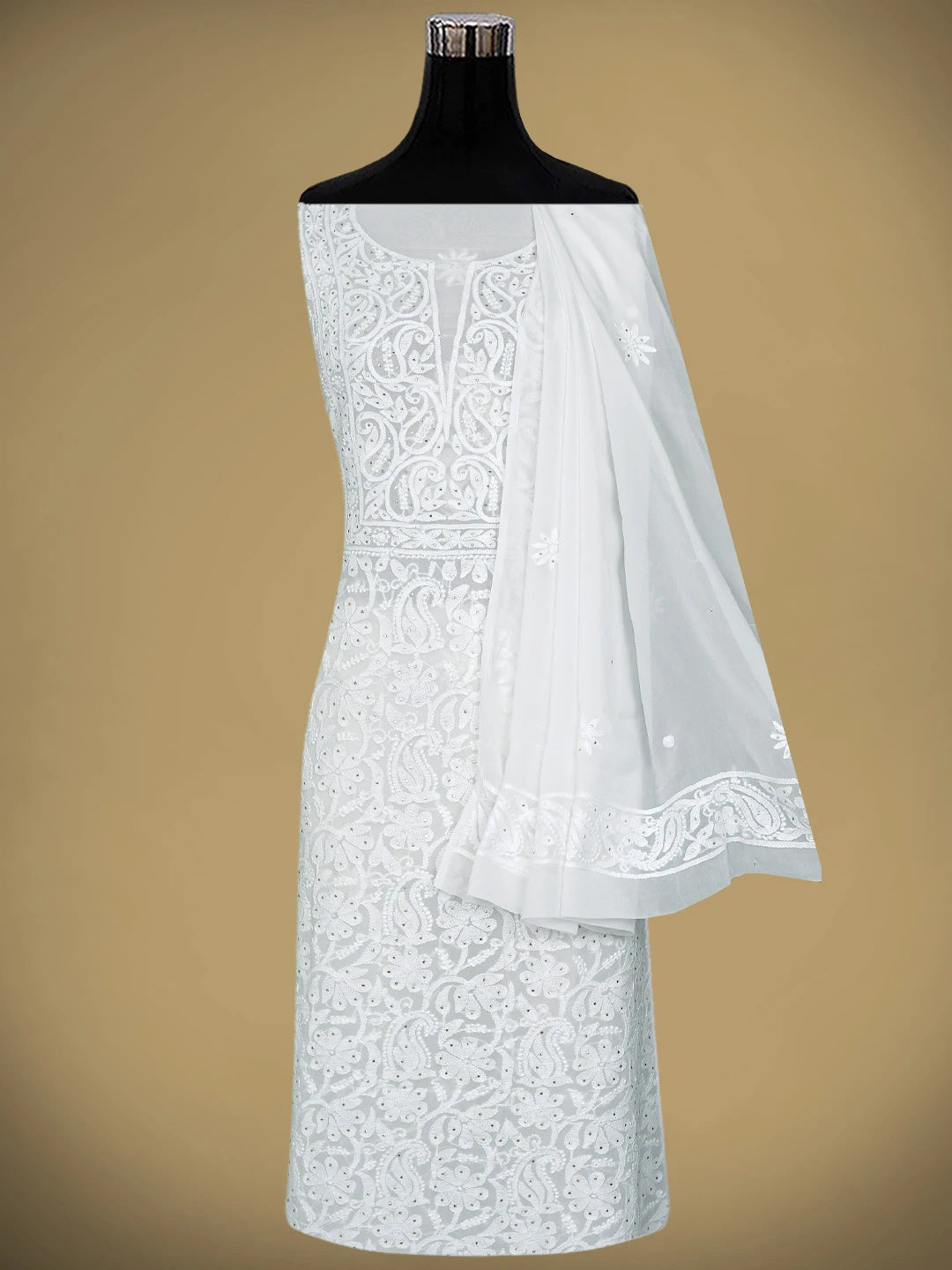 Ada Hand Embroidered White Viscose Georgette Lucknowi Chikankari Unstitched Kurta Dupatta Set With Muqaish/Mukaish Work 01A893394