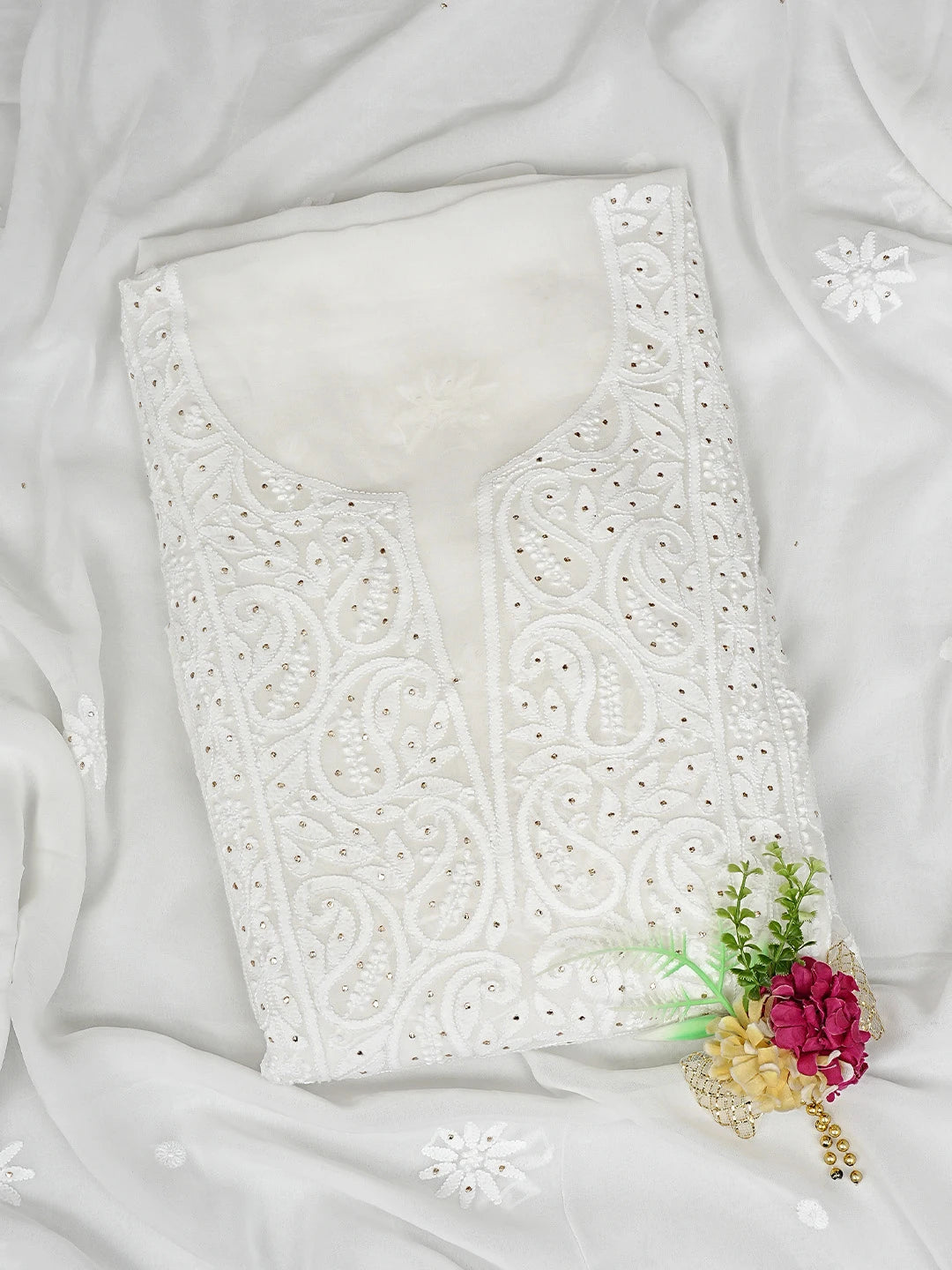 Ada Hand Embroidered White Viscose Georgette Lucknowi Chikankari Unstitched Kurta Dupatta Set With Muqaish/Mukaish Work 01A893394