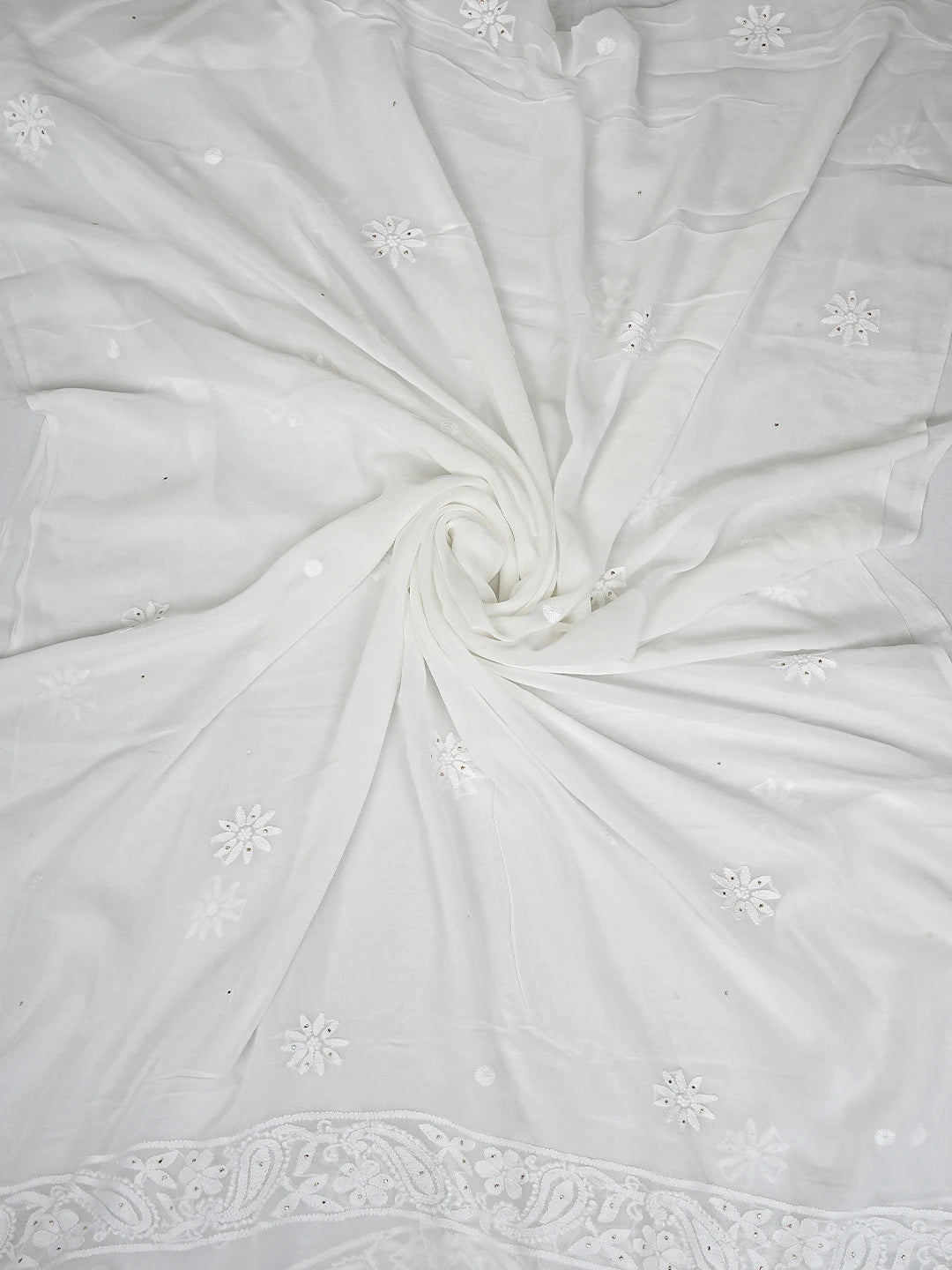 Ada Hand Embroidered White Viscose Georgette Lucknowi Chikankari Unstitched Kurta Dupatta Set With Muqaish/Mukaish Work 01A893394
