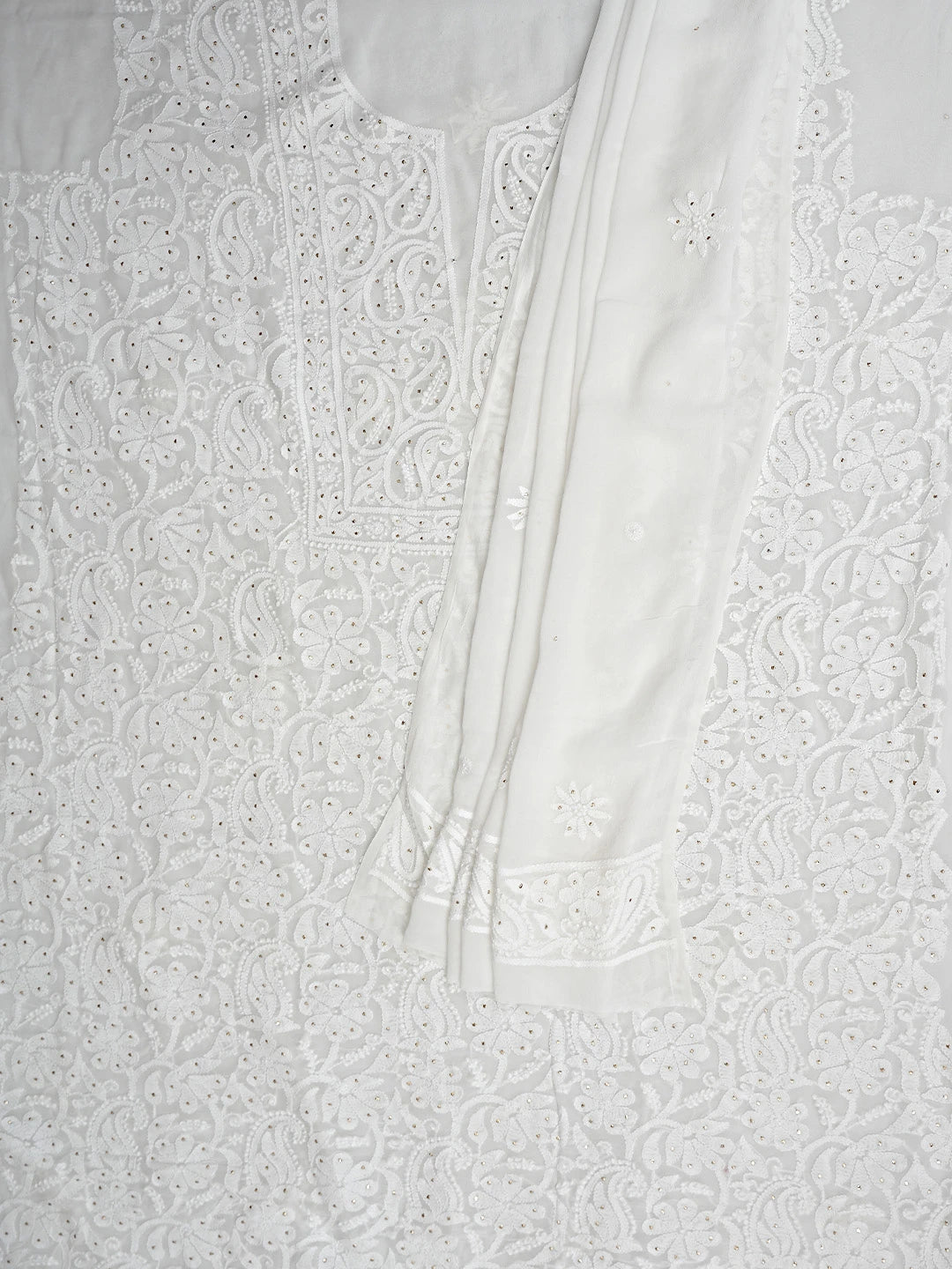 Ada Hand Embroidered White Viscose Georgette Lucknowi Chikankari Unstitched Kurta Dupatta Set With Muqaish/Mukaish Work 01A893394