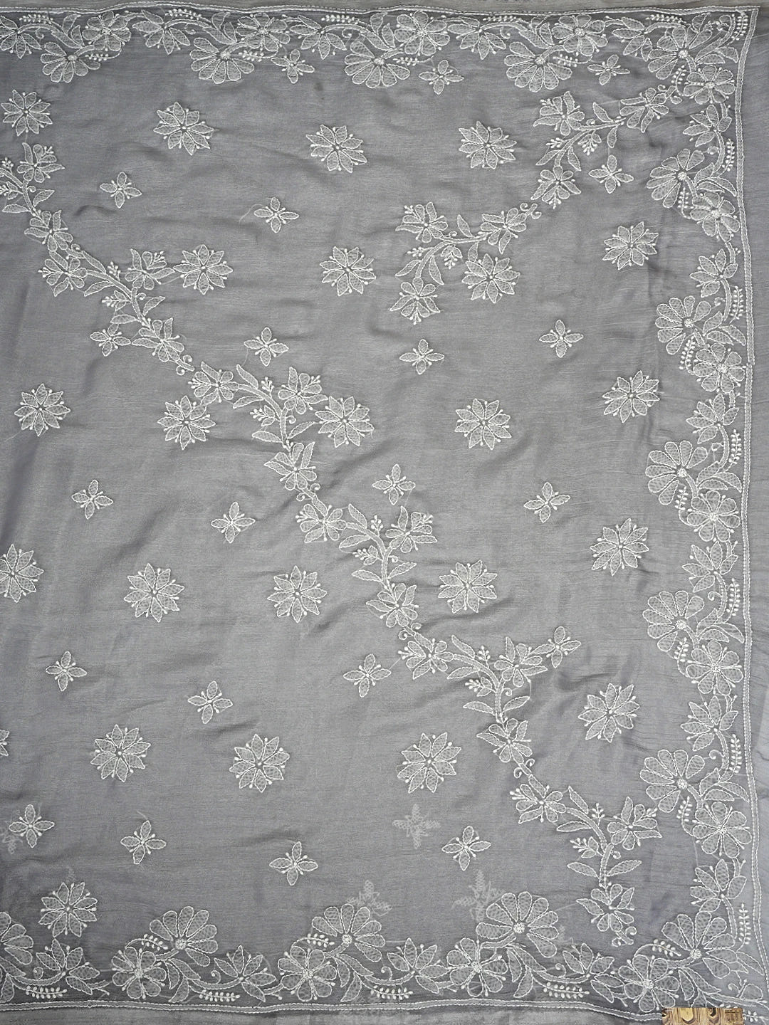 Ada Hand Embroidered Grey Organza Lucknowi Chikankari Saree and Blouse 01A901824