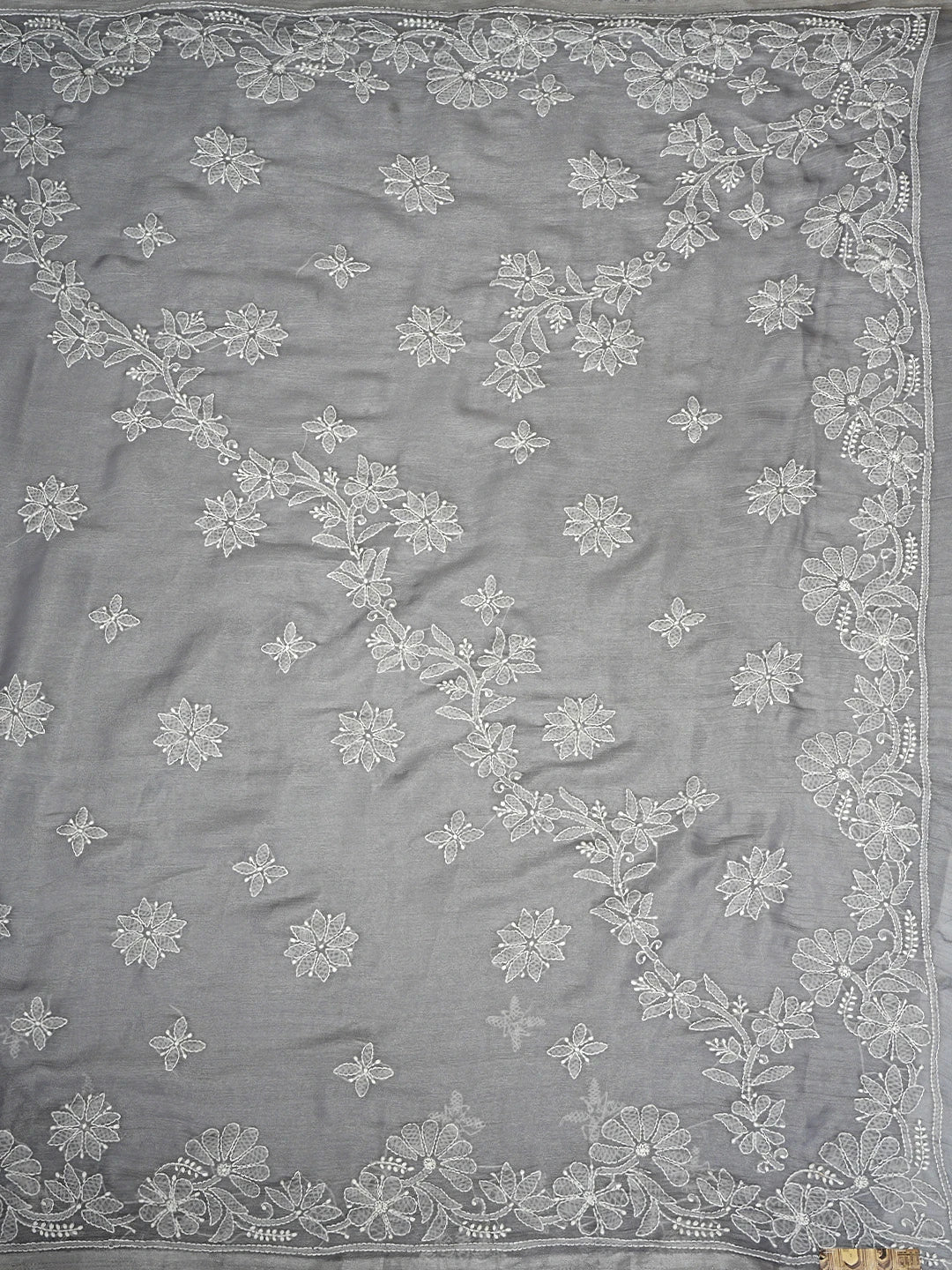 Ada Hand Embroidered Grey Organza Lucknowi Chikankari Saree and Blouse 01A901824