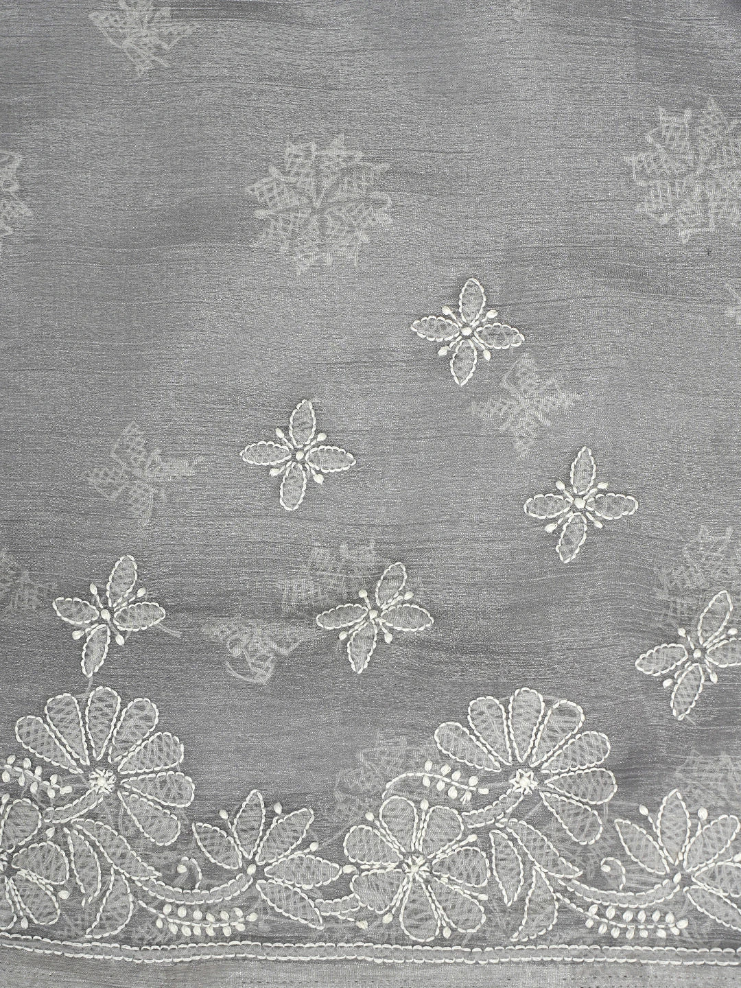Ada Hand Embroidered Grey Organza Lucknowi Chikankari Saree and Blouse 01A901824