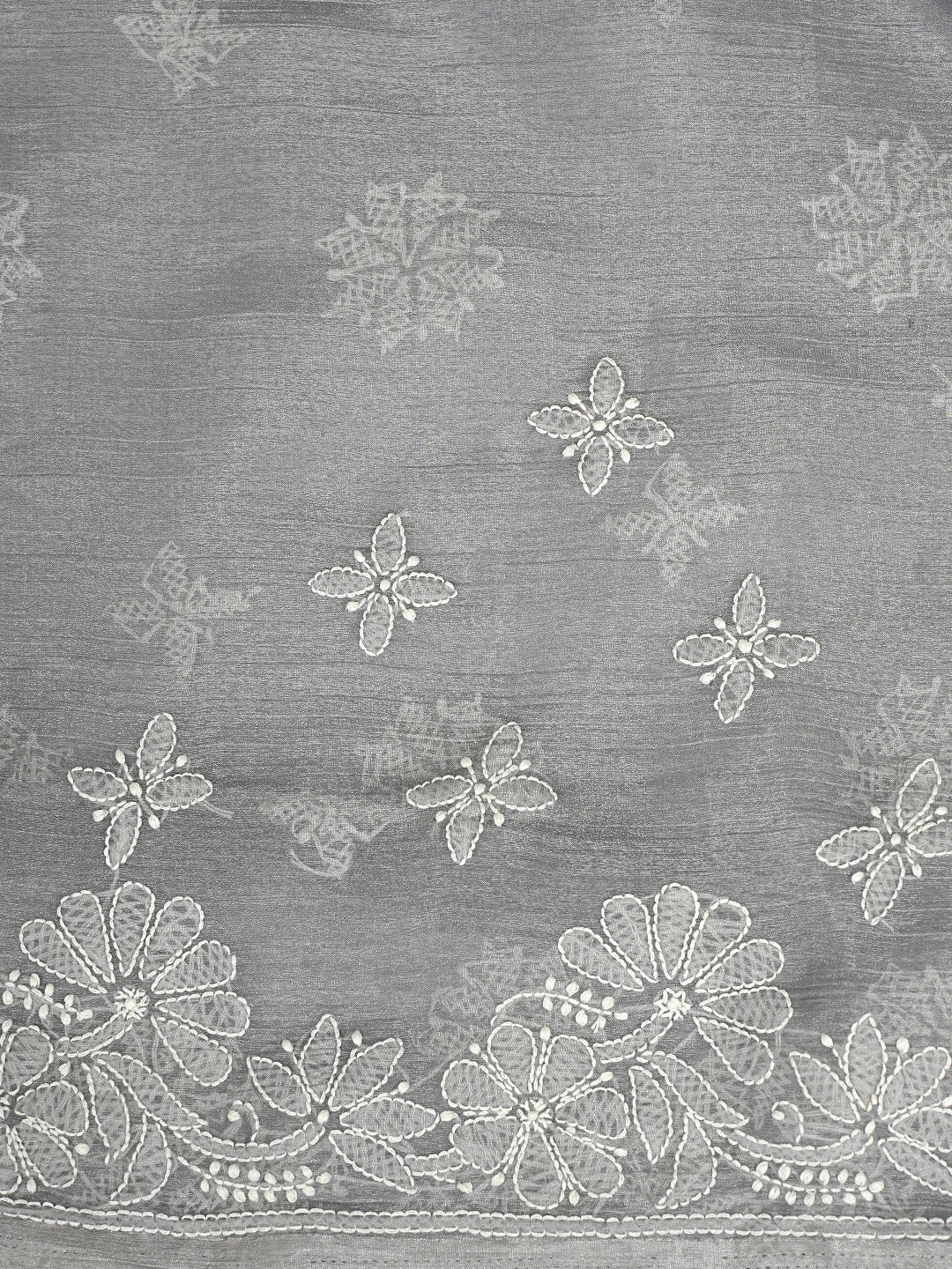 Ada Hand Embroidered Grey Organza Lucknowi Chikankari Saree and Blouse 01A901824