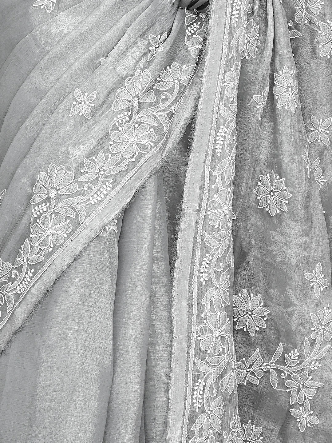 Ada Hand Embroidered Grey Organza Lucknowi Chikankari Saree and Blouse 01A901824