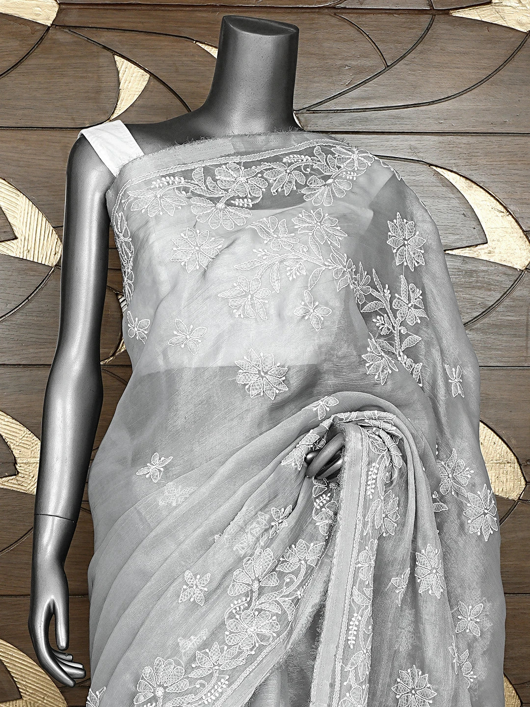 Ada Hand Embroidered Grey Organza Lucknowi Chikankari Saree and Blouse 01A901824