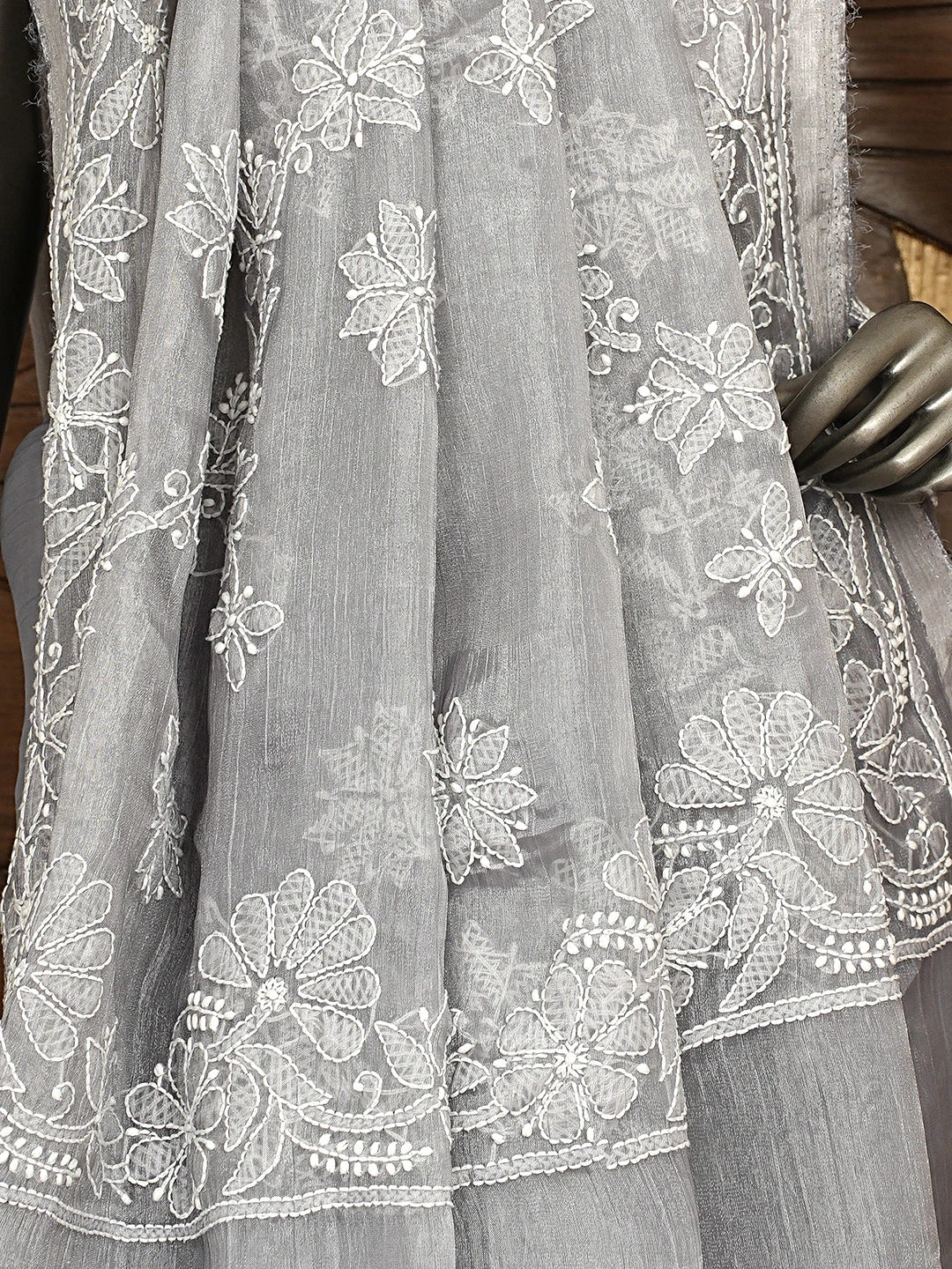 Ada Hand Embroidered Grey Organza Lucknowi Chikankari Saree and Blouse 01A901824