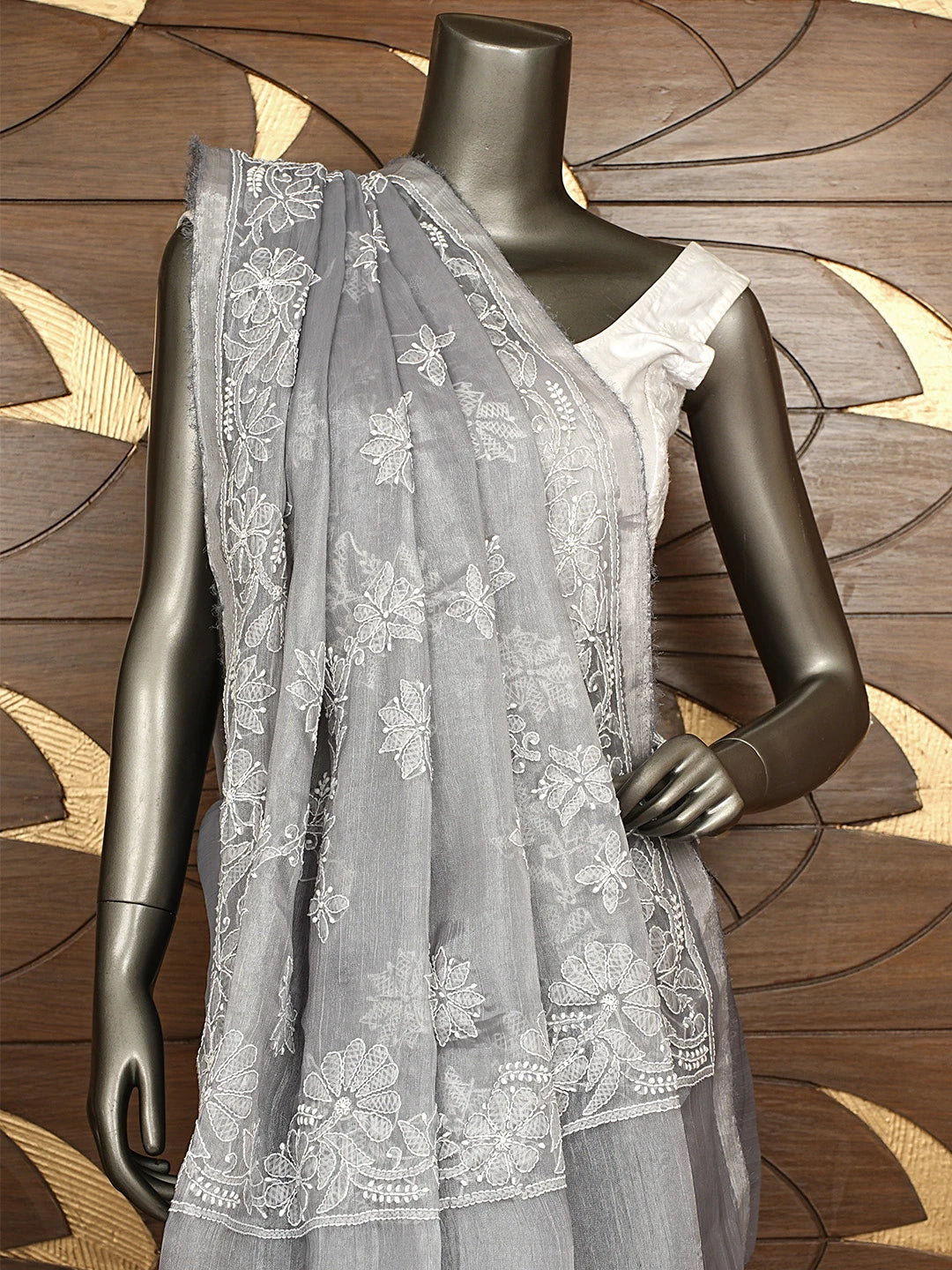Ada Hand Embroidered Grey Organza Lucknowi Chikankari Saree and Blouse 01A901824