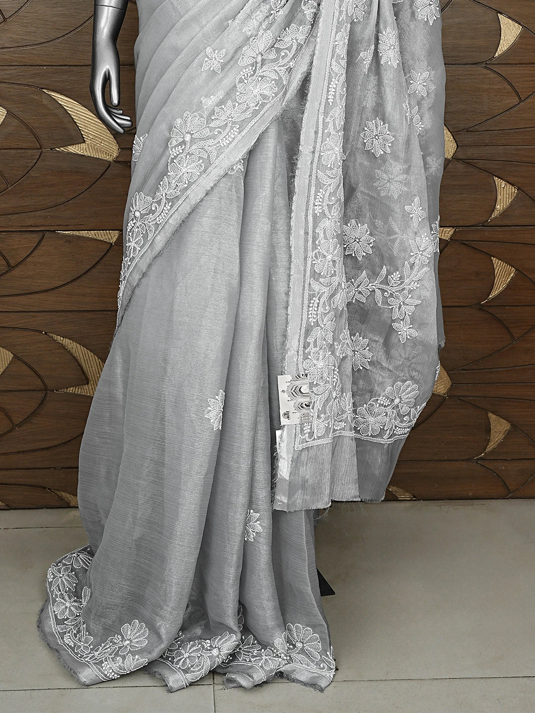 Ada Hand Embroidered Grey Organza Lucknowi Chikankari Saree and Blouse 01A901824