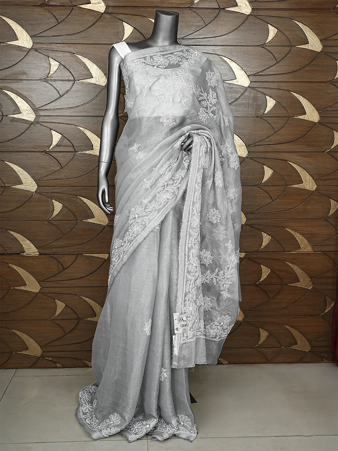 Ada Hand Embroidered Grey Organza Lucknowi Chikankari Saree and Blouse 01A901824