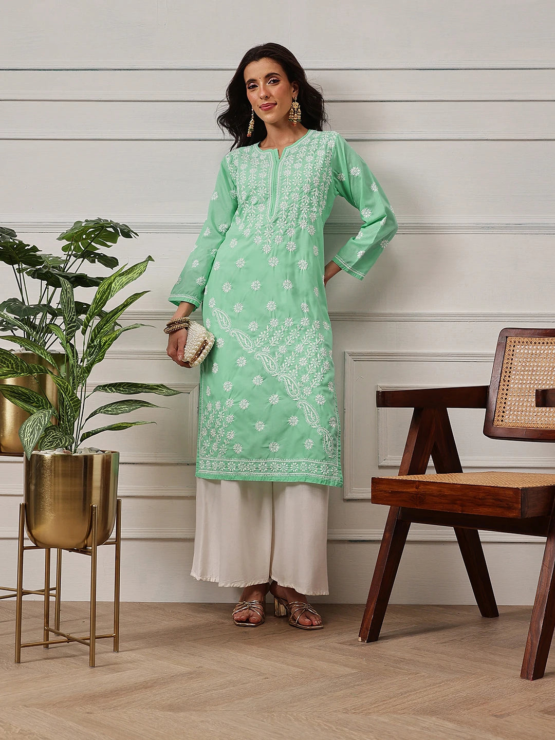 Ada Hand Embroidered Sea Green Cotton Lucknowi Chikankari Straight Kurta A411418