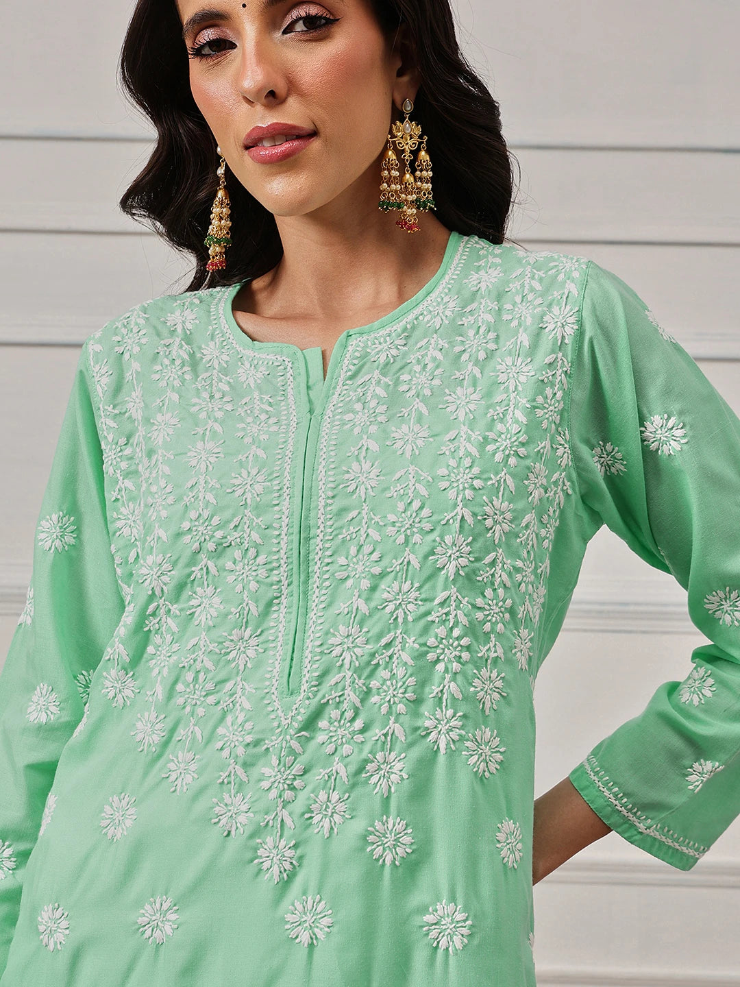 Ada Hand Embroidered Sea Green Cotton Lucknowi Chikankari Straight Kurta A411418