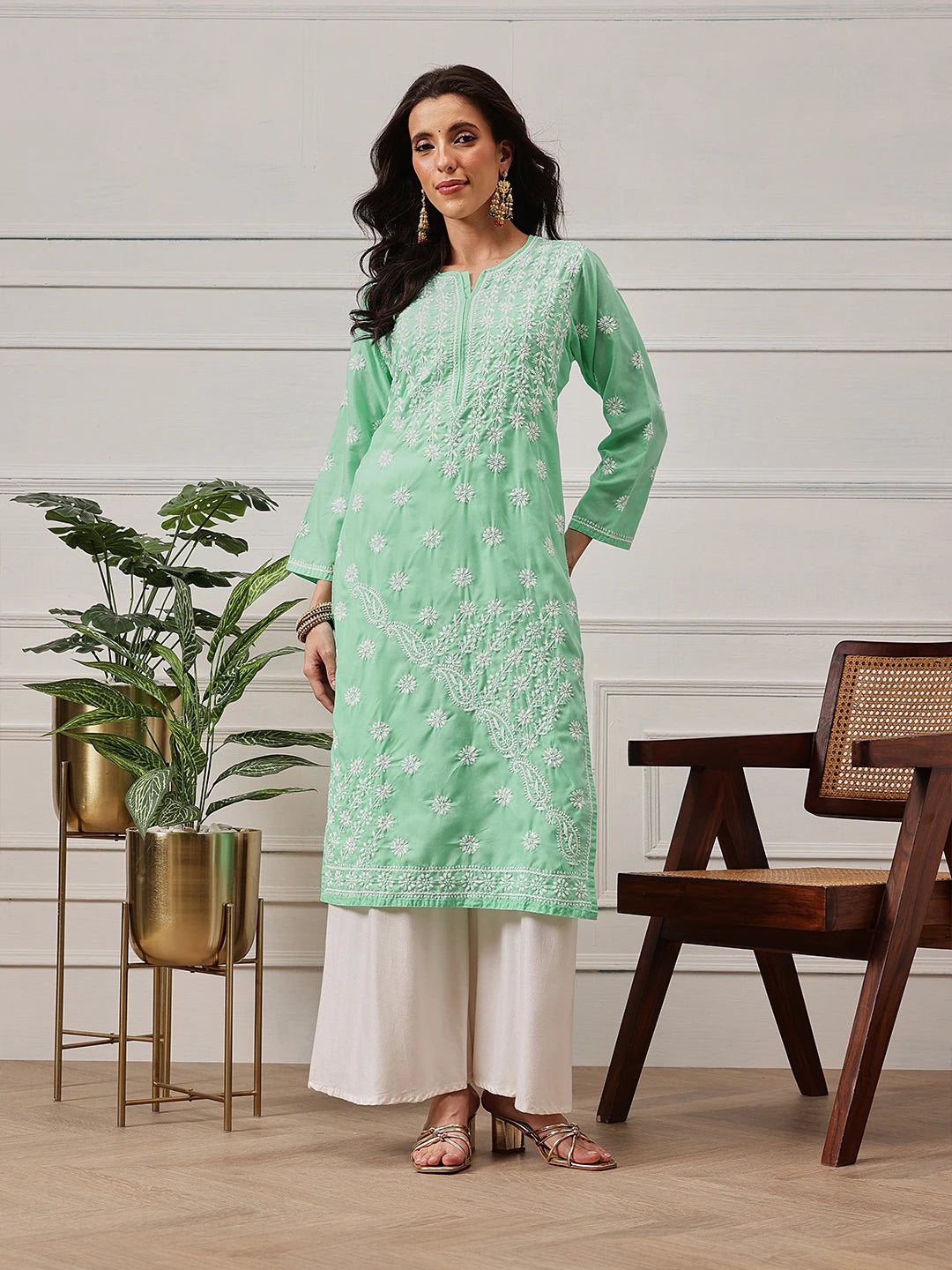 Ada Hand Embroidered Sea Green Cotton Lucknowi Chikankari Straight Kurta A411418