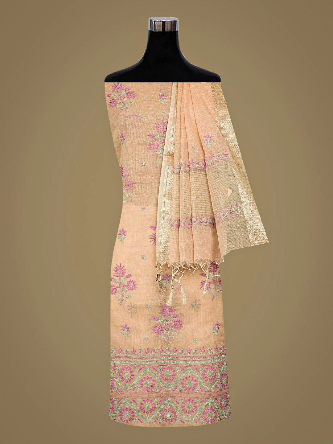 Ada Hand Embroidered Dusty Peach Tissue Lucknowi Chikankari Unstitched Kurta Dupatta Set With 01A726701