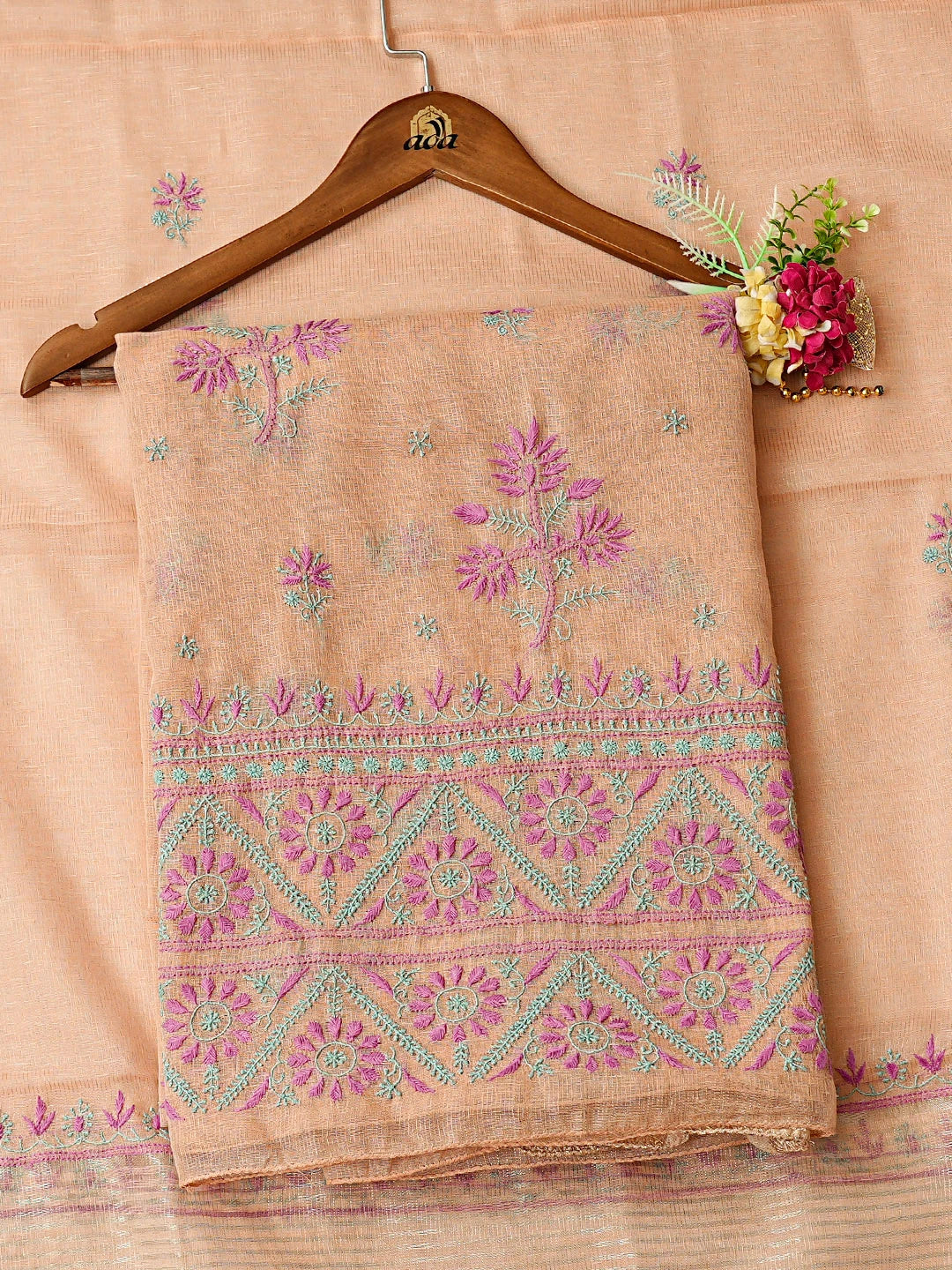 Ada Hand Embroidered Dusty Peach Tissue Lucknowi Chikankari Unstitched Kurta Dupatta Set With 01A726701