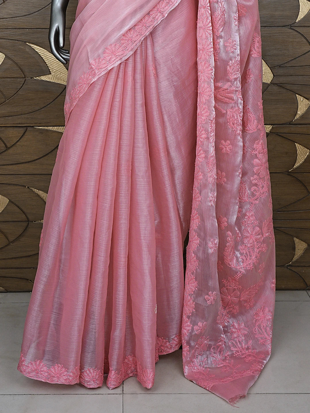 Ada Hand Embroidered Petal Rouge Pink Organza Lucknowi Chikankari Saree and Blouse 01A901847