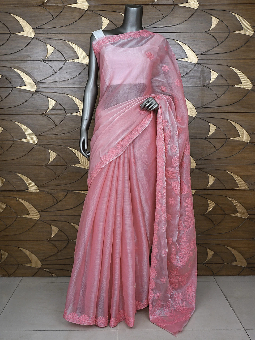 Ada Hand Embroidered Petal Rouge Pink Organza Lucknowi Chikankari Saree and Blouse 01A901847
