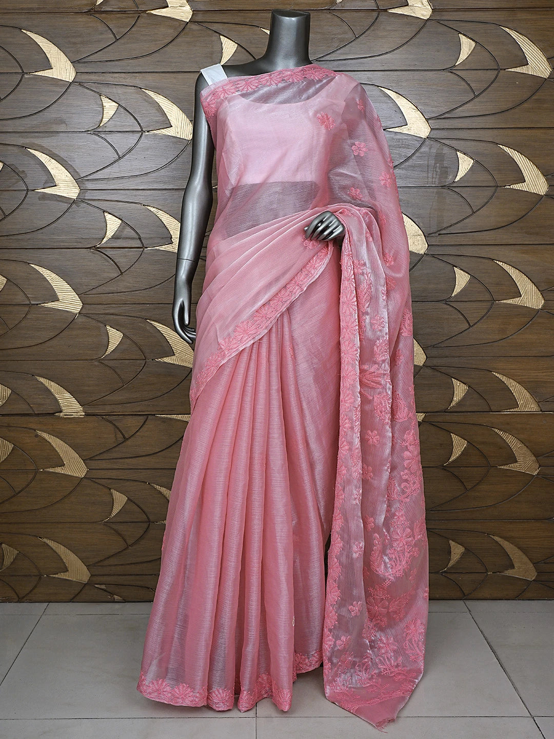 Ada Hand Embroidered Petal Rouge Pink Organza Lucknowi Chikankari Saree and Blouse 01A901847