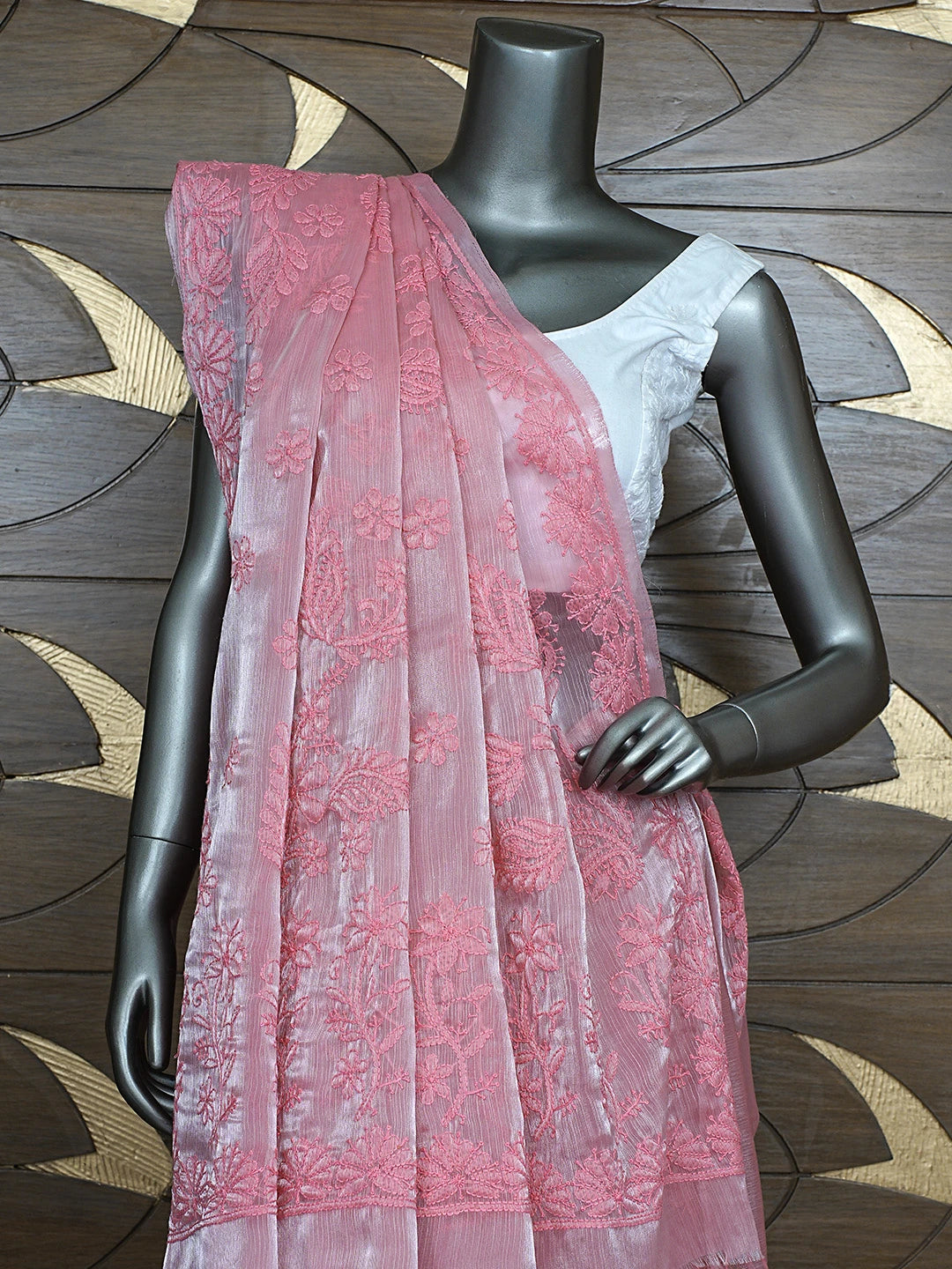 Ada Hand Embroidered Petal Rouge Pink Organza Lucknowi Chikankari Saree and Blouse 01A901847