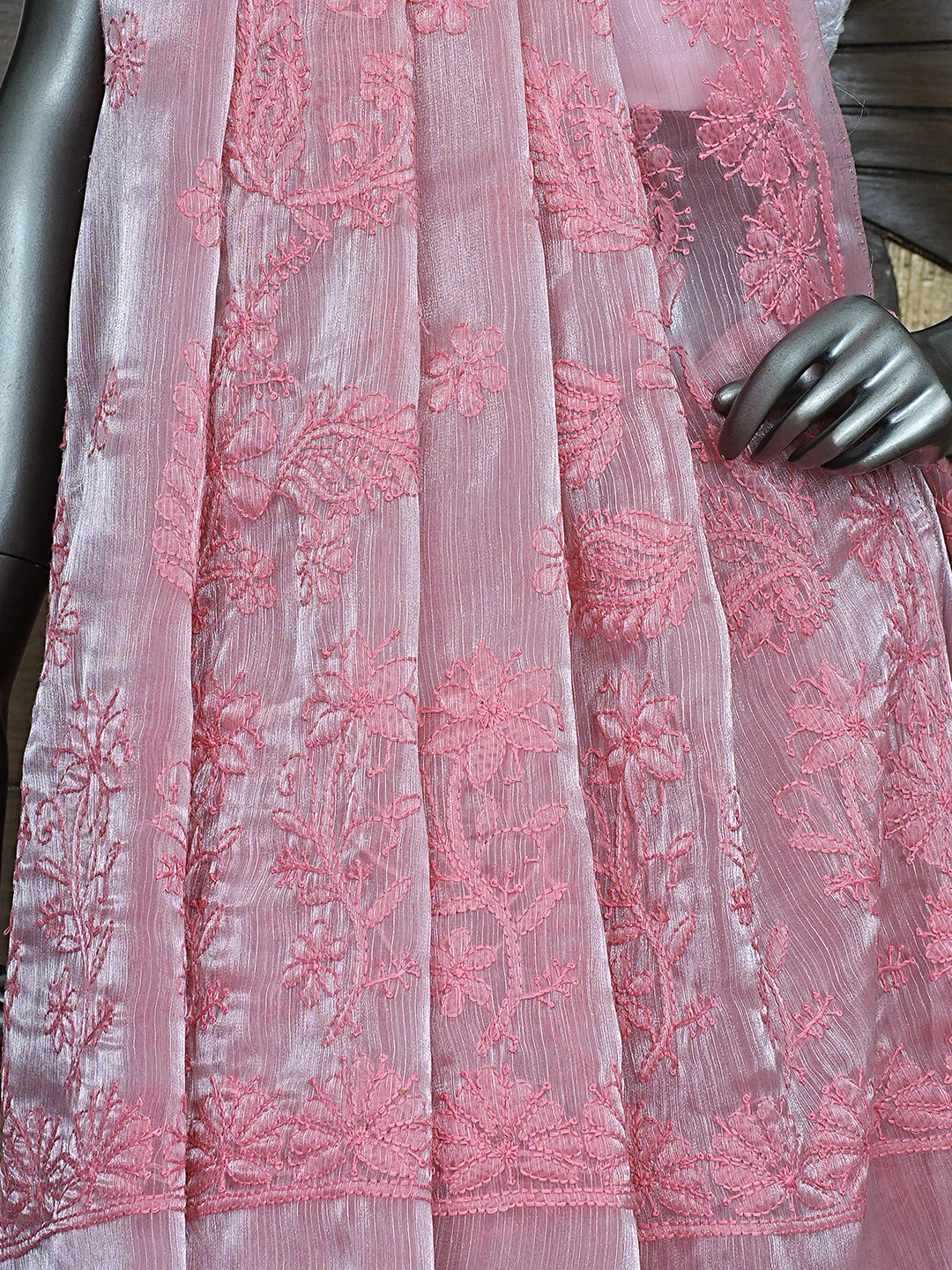 Ada Hand Embroidered Petal Rouge Pink Organza Lucknowi Chikankari Saree and Blouse 01A901847